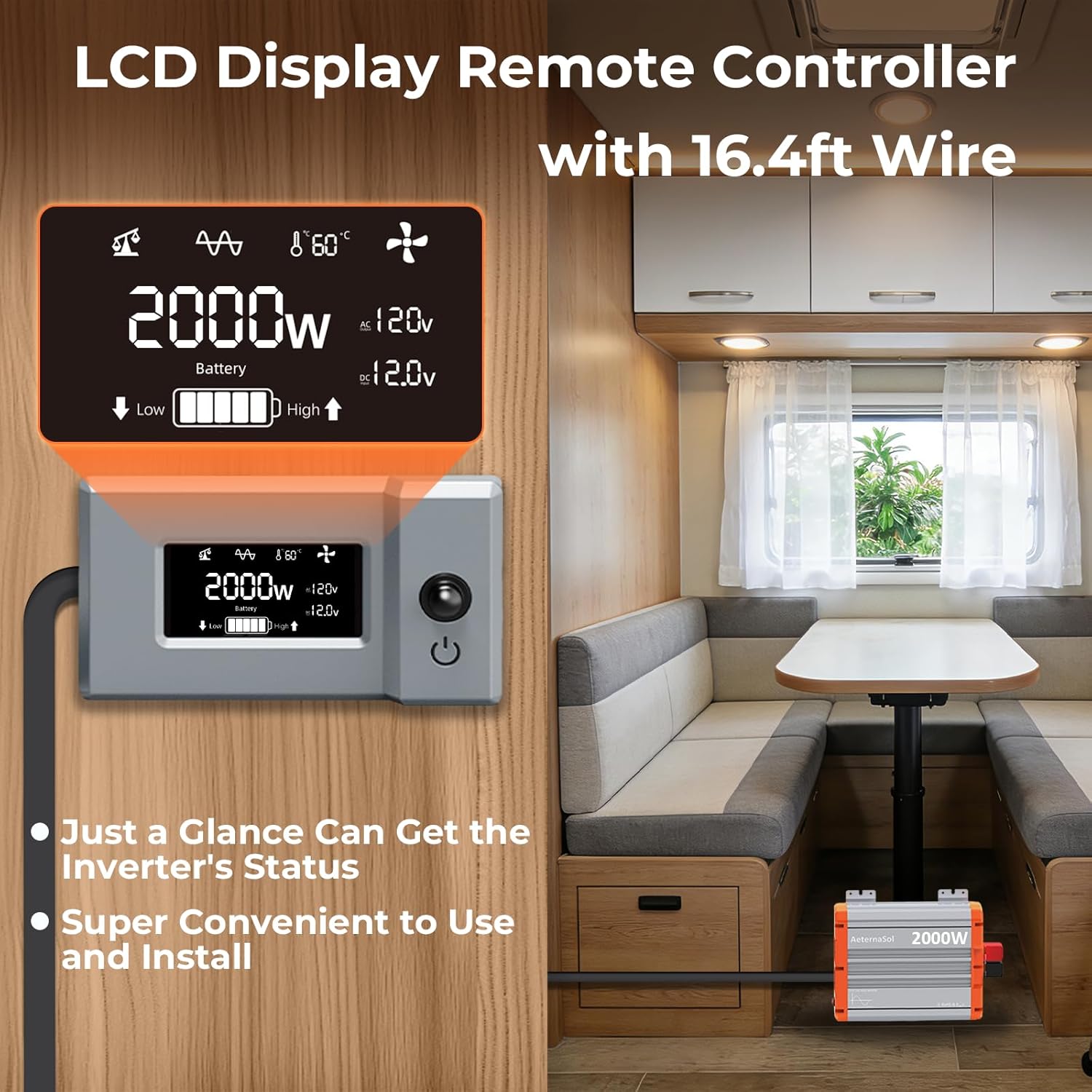 2000 Watt Pure Sine Wave Inverter, 2000W Inverter 12V DC to 110V-120V AC Power Inverter for RV Truck Solar Home Off-Grid with 2 AC Outlets, USB & Type-C, LCD Remote Monitor, Surge 4000W