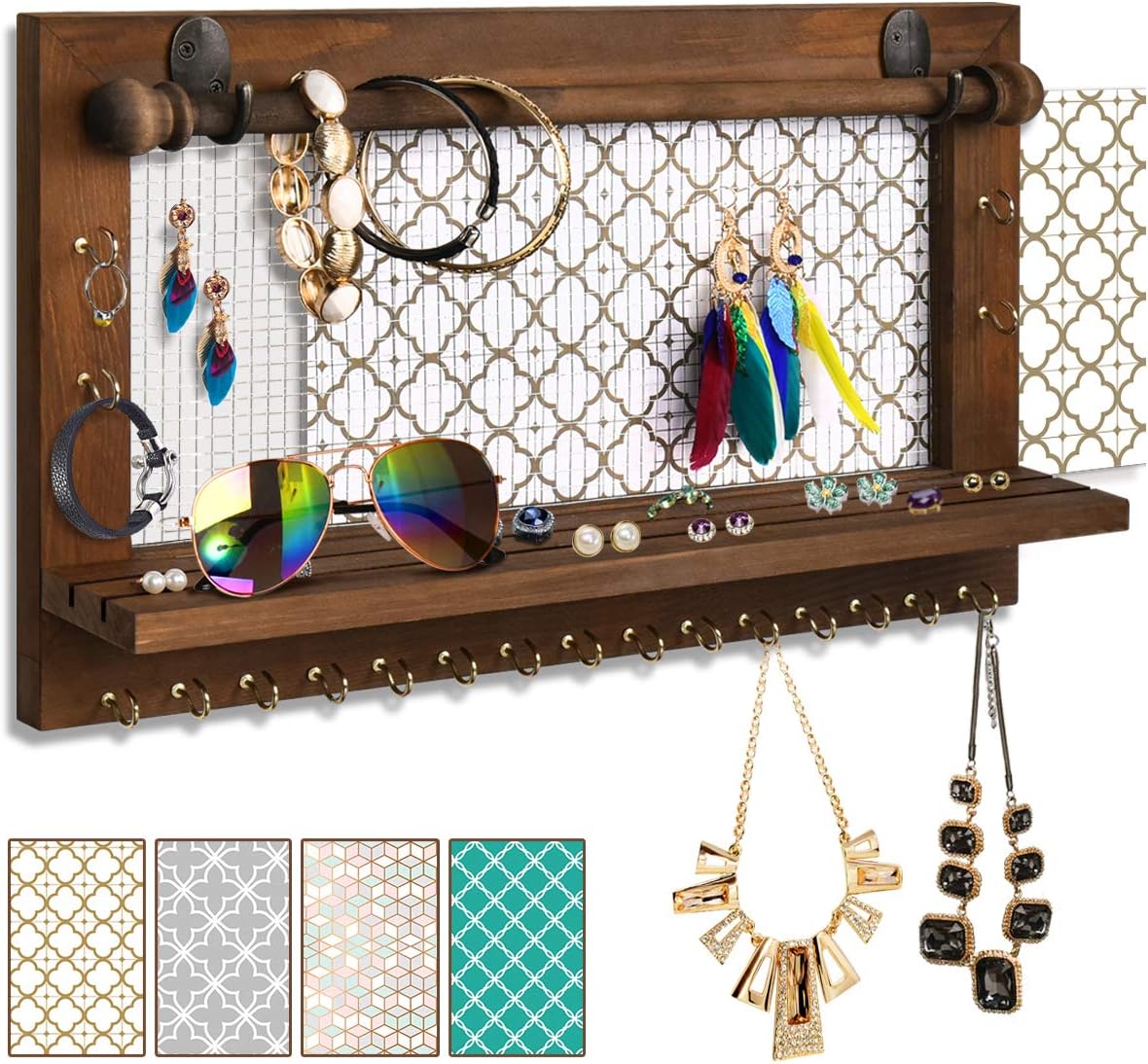 VIEFIN Rustic Jewelry Organizer Wall Mounted Jewelry Holder, Wood Earring Holder Display With Shelf And Hooks, Removable Rod For Bracelet Necklace Ring Bracelet - Brown