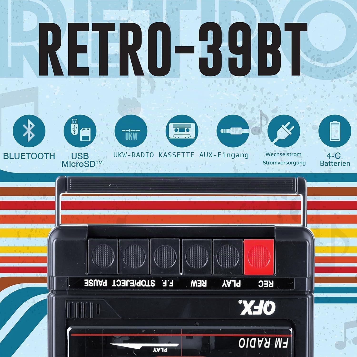 QFX RETRO-39 Tragbarer Schuhkarton, USB-auf-Kassettenrekorder, analoges Kassetten-Deck mit integriertem Mikrofon, 8,9 cm Bluetooth-Lautsprecher mit FM-Radio