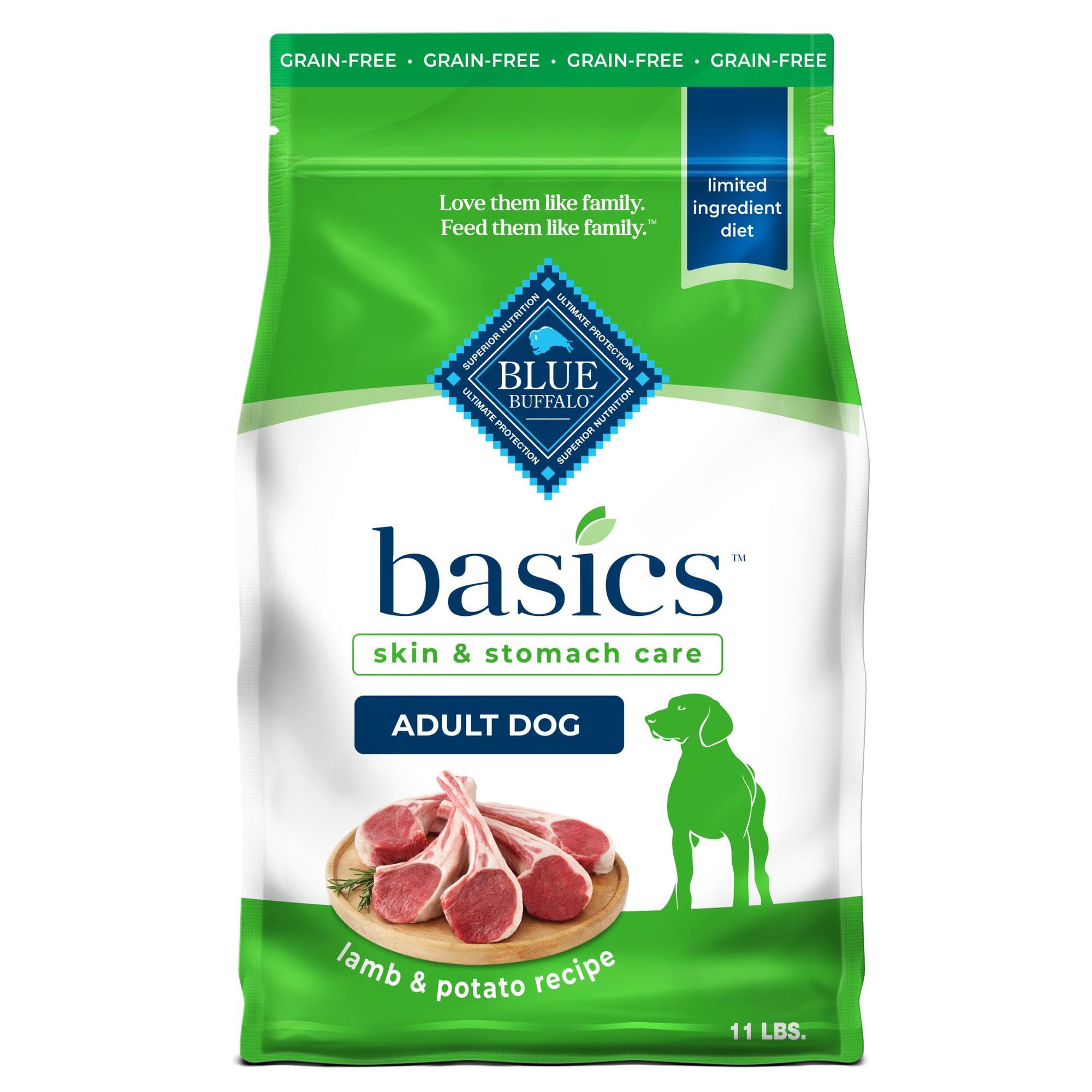 Blue Buffalo Basics Grain-Free Adult Dry Dog Food, Skin & Stomach Care, Limited Ingredient Diet for Dogs, Lamb Recipe, 11-lb. Bag