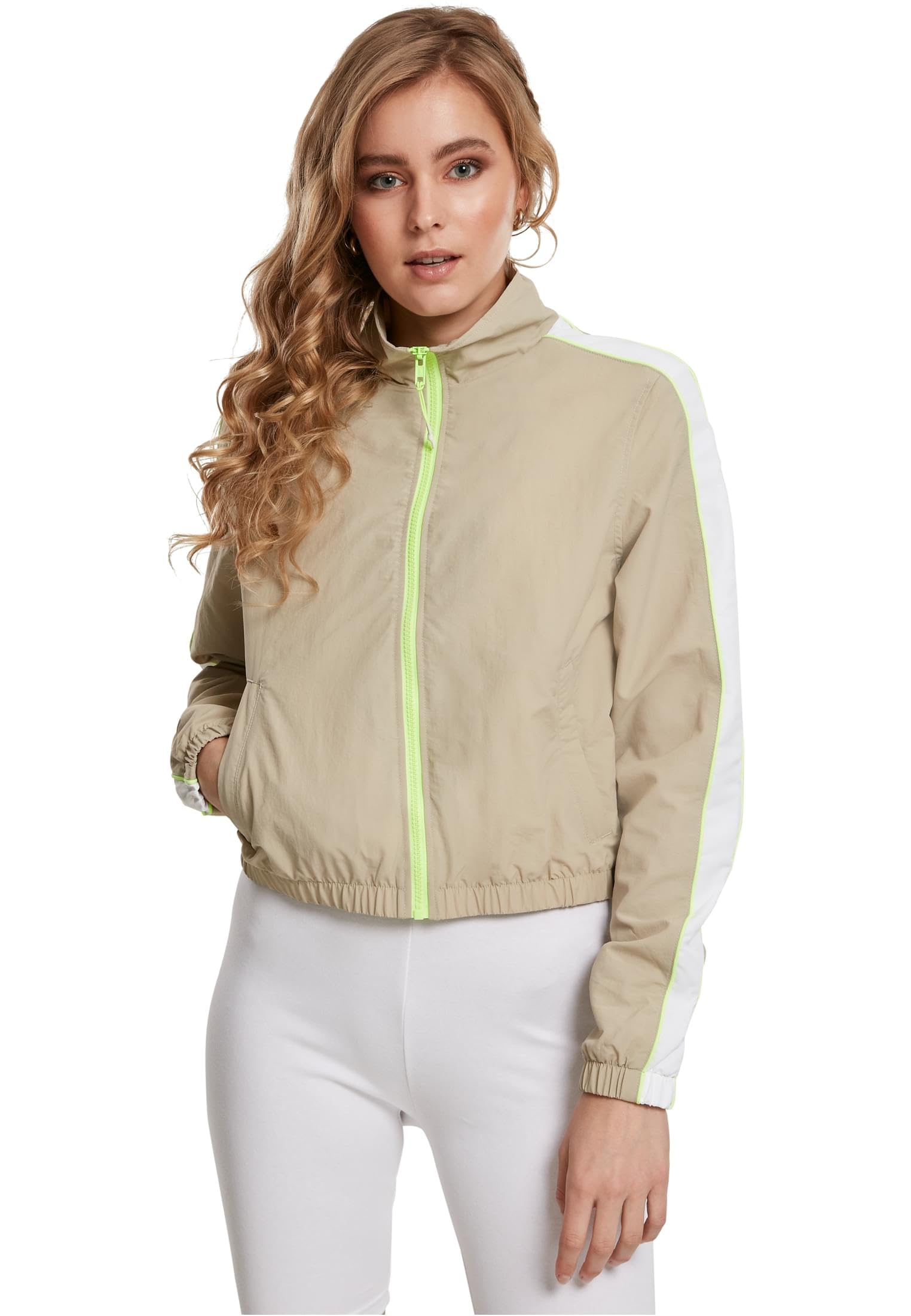 Urban Classics Women's Sport Ladies Short Piped Track Jacket Trainings-Jacke, Concrete/electriclime, X-Small