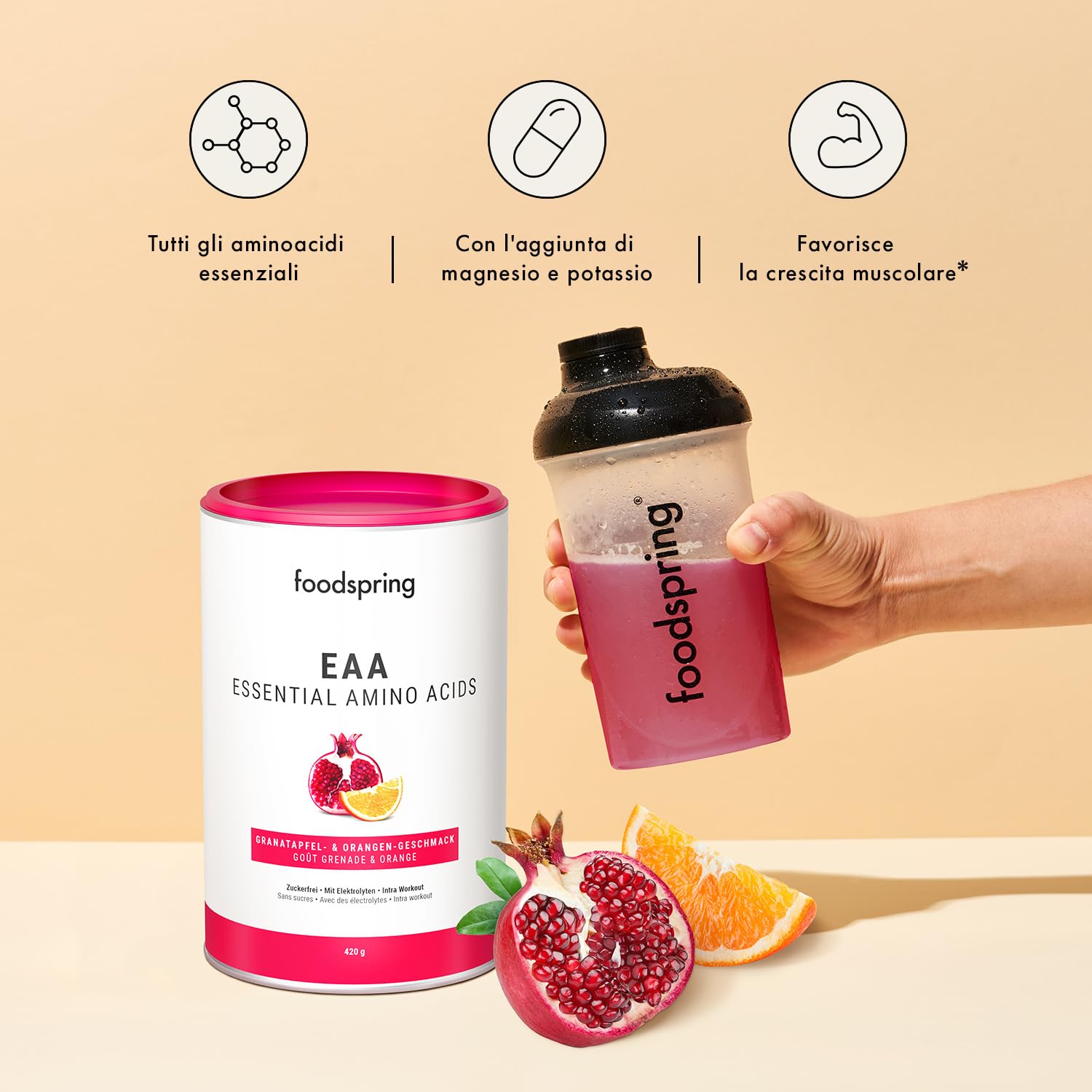 foodspring EAA Powder con elettroliti per crescita & mantenimento muscolare - Polvere EAA con aminoacidi essenziali - Privo di zuccheri (420g | 30 p. | 1 misurino = 14g | Melograno e Arancia)