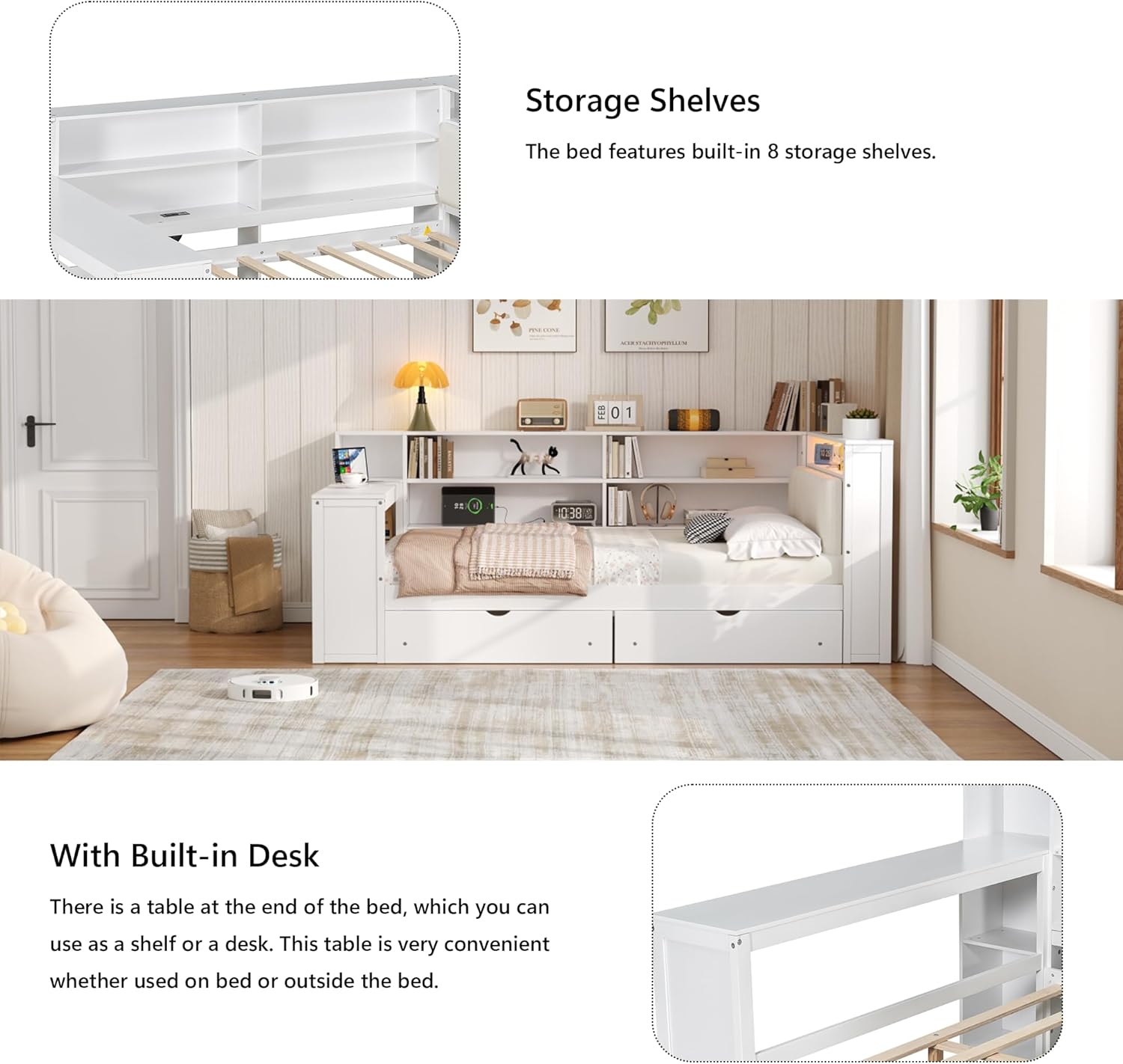 Polibi bed showing storage shelves and built-in desk