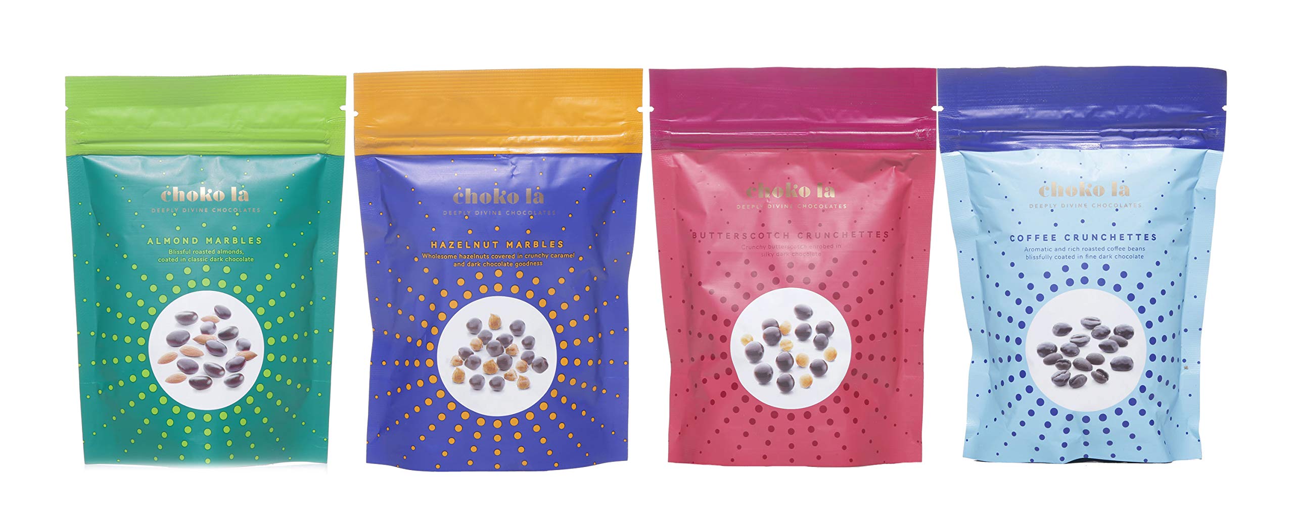 Choko La Vegan Chocolate Gift Set – Pack of 4 (400g) | Almond & Hazelnut Marbles, Butterscotch & Coffee Crunchettes | Assorted Milk & Dark Chocolates with Dry Fruits | Gifting Hamper