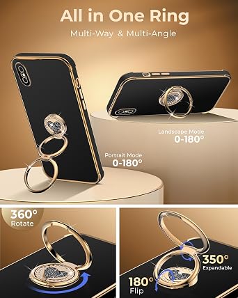 XYZ for iPhone Xs Max Case with Stand, Phone Case with Double Ring Kickstand, Women Girl Cute Love-Heart Luxury Bling Protective Case Heart for iPhone Xs Max(6.5 inch), Black