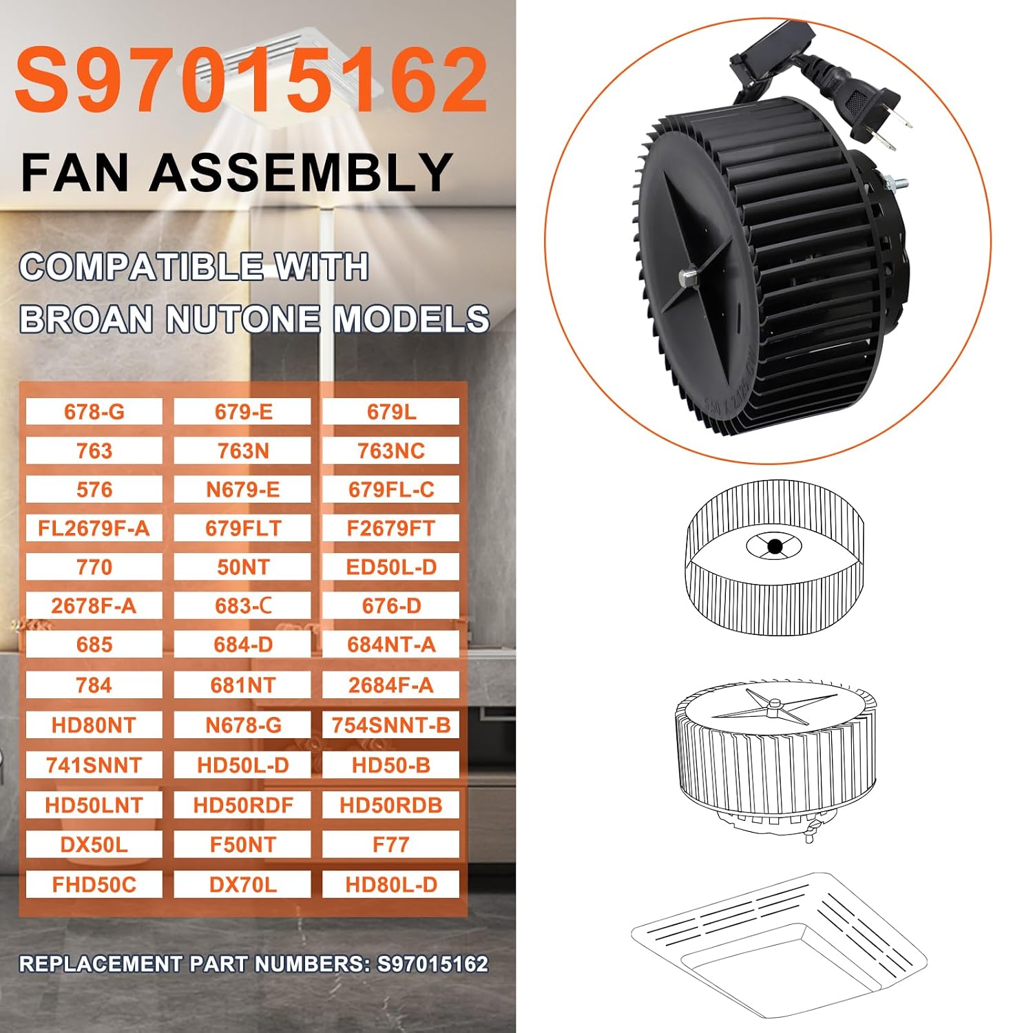 Hiorucet S97015162 Exhaust Fan Motor for Broan Nutone 676-D, 763N, 679L, 678-G, 684-D, 2684F-A, 2678F-A, 684NT-A, 683-C, 679-E, 763, N678-G, HD80NT, 754SNNT-B, 741SNNT, 679FL-C, FL2679F-A, HD80L-D