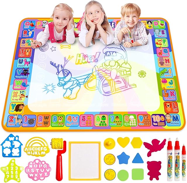 Water Doodle Magic Mat, Larger 100 x 70cm Multicolored No Mess Water Drawing Painting Pad with 3 Magic Pens & 8 Stamps - Best Educational Toy & Xmas Gifts for Boys& Girls Age 3 4 5 6+ Years Old