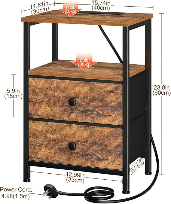 LOAKEKEL Bedside Table with Charging Station, Side Table for Bedroom | Nightstand with 2 Fabric Drawers, Bedside Cabinet with Open Storage Shelf, End Table for Living Room, Brown UHETS020BR-1