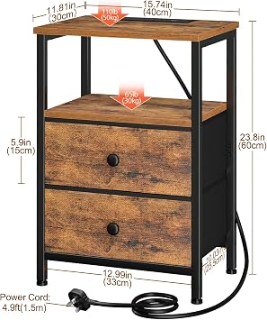 LOAKEKEL Bedside Table with Charging Station, Side Table for Bedroom | Nightstand with 2 Fabric Drawers, Bedside Cabinet with Open Storage Shelf, End Table for Living Room, Brown UHETS020BR-1