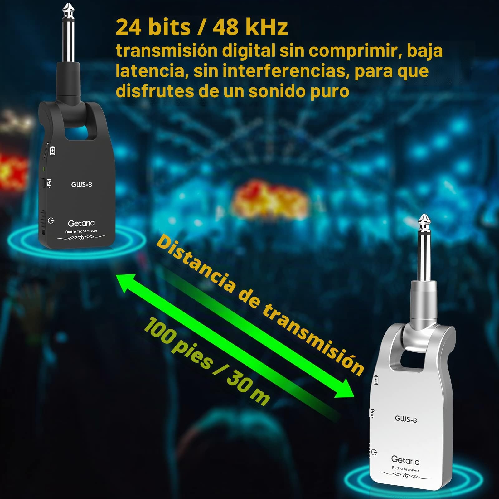 Sistema Inalámbrico para Guitarra y Bajo – Transmisor + Receptor 2.4 GHz, 24-bit/48 kHz, <12 ms Latencia, 30 m Alcance, 5 h Batería Recargable (USB-C) (GWS-8)