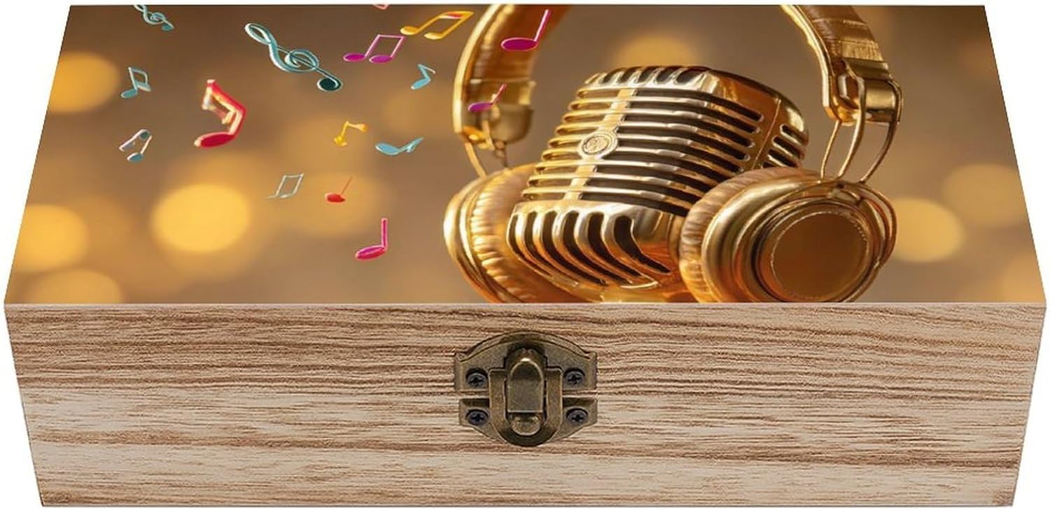 Microphone And Headset Musical Note Wooden Box with Hinged Lid Decorative Storage Box for Jewelry Earrings
