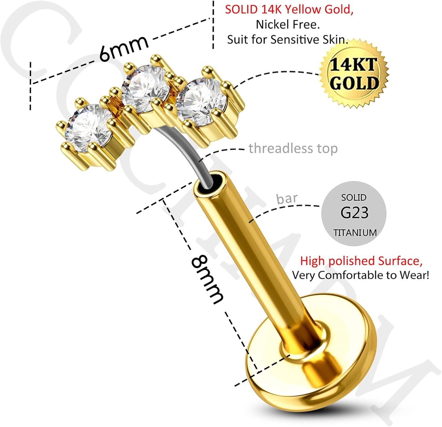 COCHARM 14K Gold Flower Threadless Cartilage Earrings Stud for Women 16g Flat Back Upper Helix Earrings Yellow Gold Threadless Conch Earrings 14Kt Gold Push in Tragus Earrings - Image 2