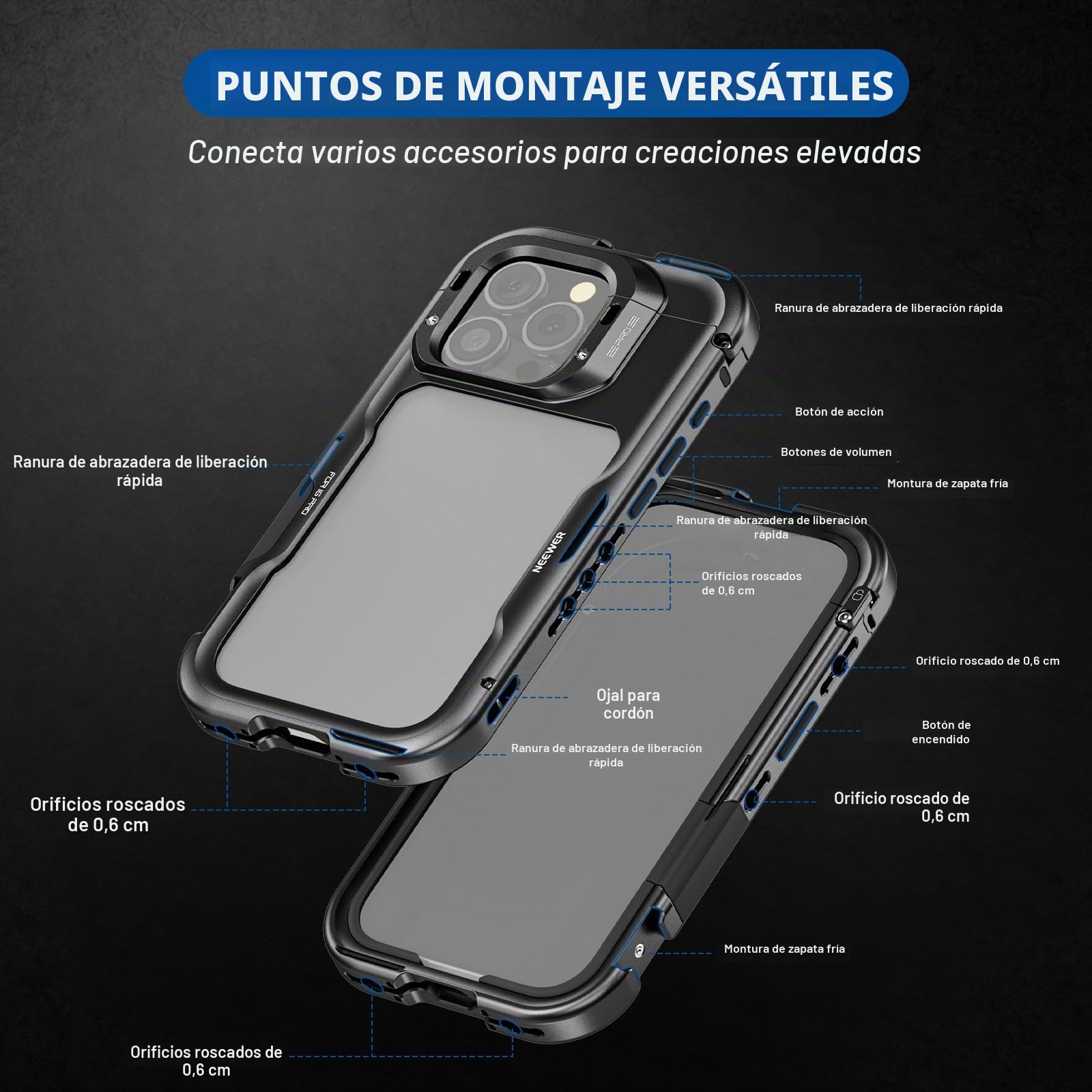 NEEWER 16 Pro Cage, estabilizador Video de teléfono Compatible con iPhone 16 Pro con Adaptador Filtro 67mm, Backplate de Lente 17 mm, Adaptador Objetivo de Montura T Compatible con Moment, PA073