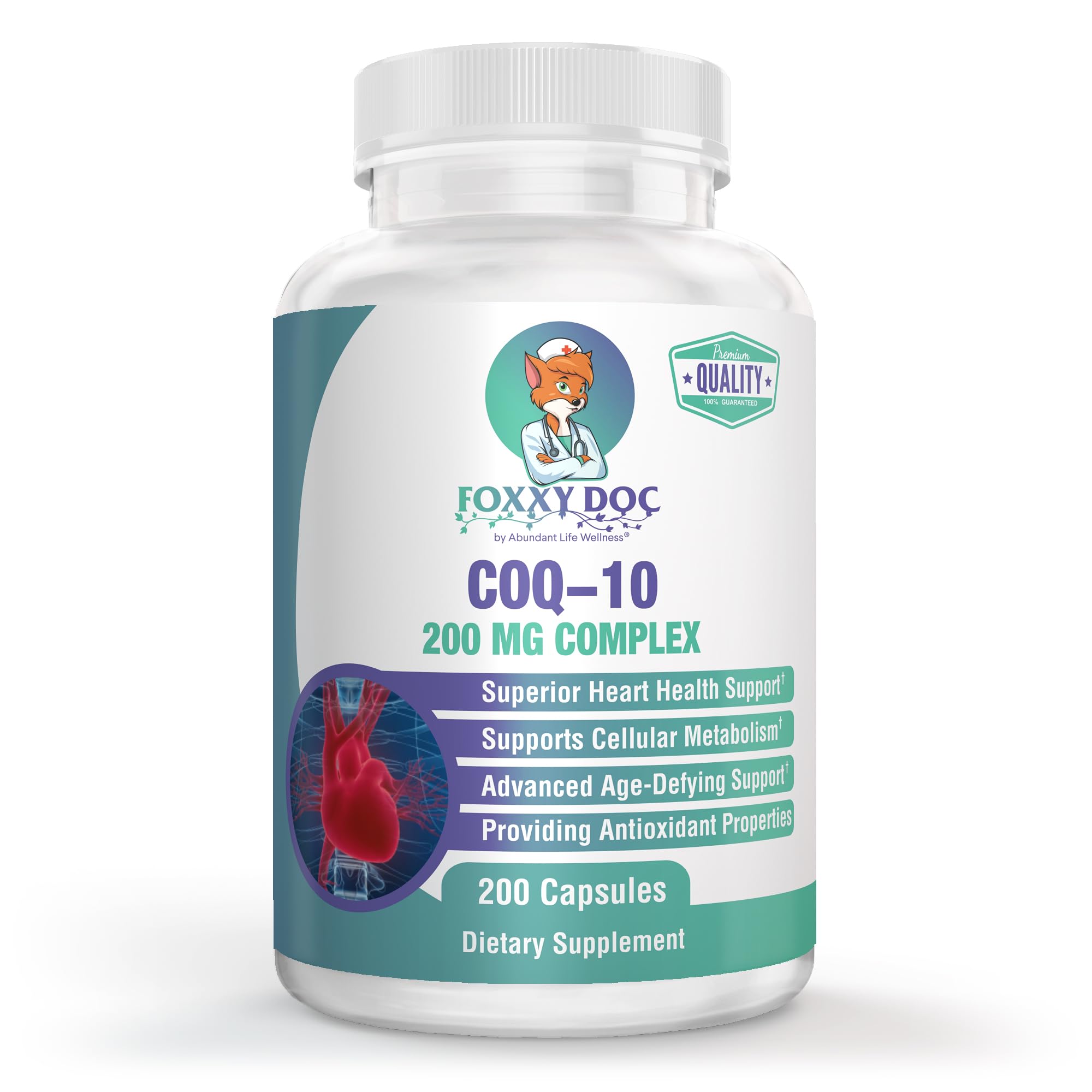 Dr. Valerie Nelson CoQ10 - Co-Enzyme Q10-200 mg - Excellent Value - 200 Caps - Quick Absorption - Veg. Caps - Non-GMO - Ubiquinone - Heart & Cellular Energy & Brain Supplement by Foxxy Doc
