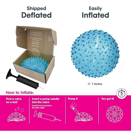 Miniatura 4 de Edushape Bola sensorial original, 7 pulgadas, desinflada con bomba, azul transparente, mejora las habilidades motoras gruesas para niños de 6 meses