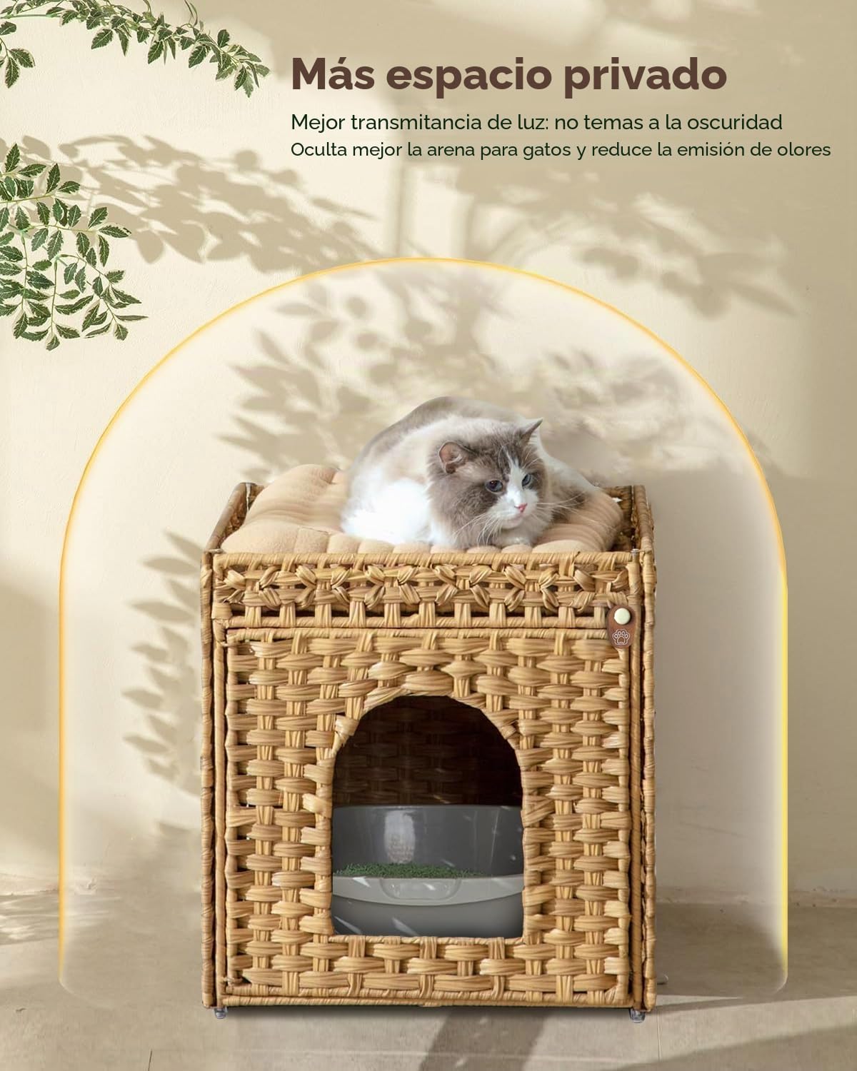 Mueble arenero Gatos Casa para Gatos, ratán Trenzada a Mano con Alfombra, 52 x 47 x 48,5 cm, Color Natural