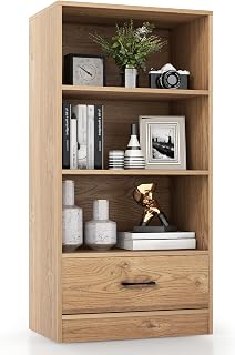 CASART Wooden Bookcase, Modern Floor Storage Cabinet with Drawer, 4 Tier Display Sideboard Freestanding Storage Organizer Units for Living Room Study Bedroom Office (Burlywood)