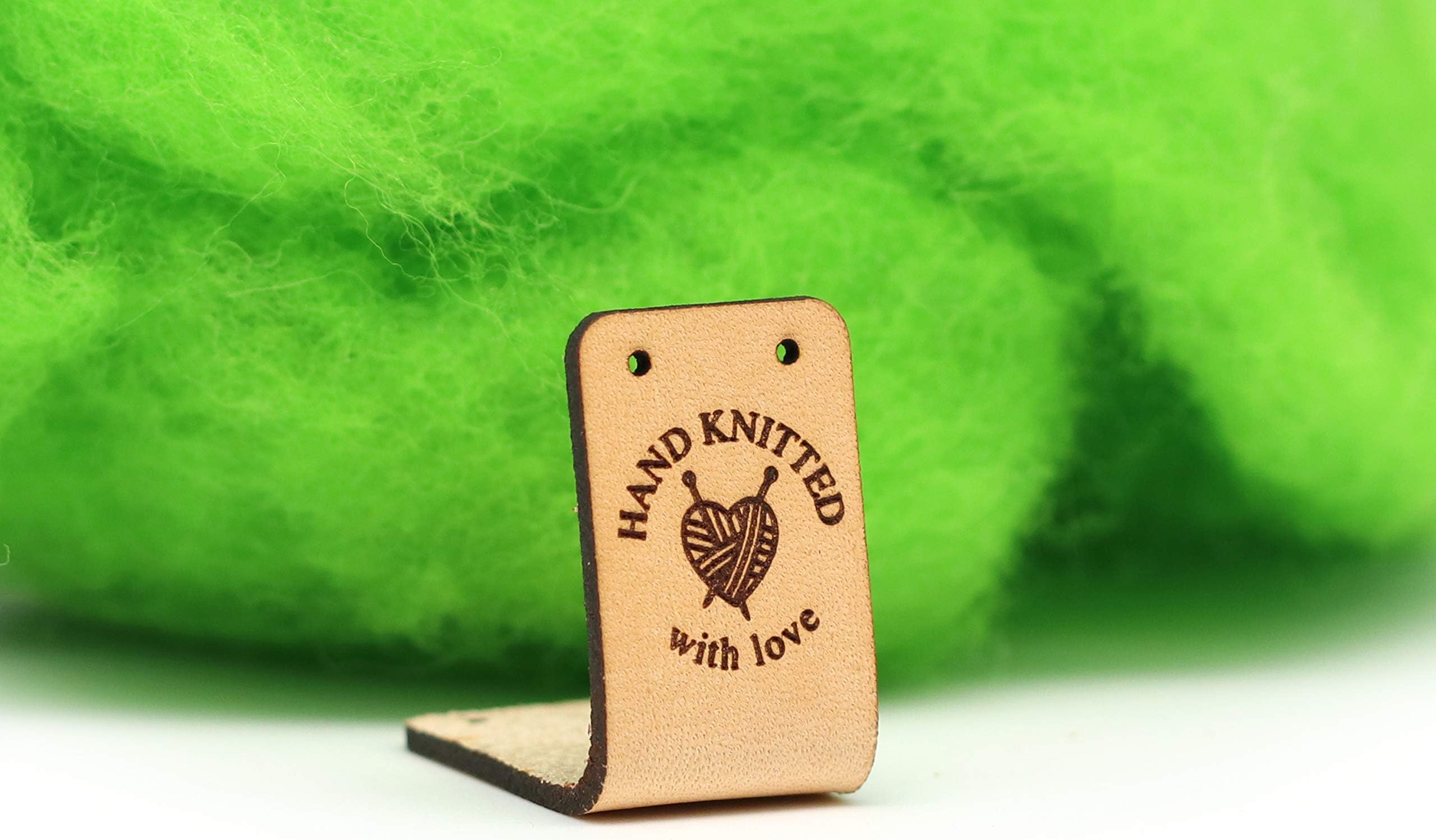 Folding Handmade Leather Labels O3"Hand Knitted with Love" - Exclusive Engraved Genuine Italian Leather Tags (Customized Text - 15 Pieces)