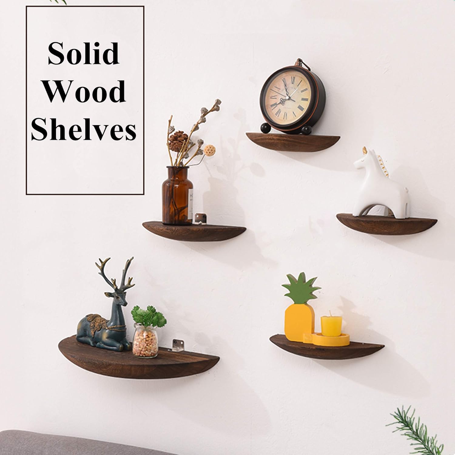 Floating Shelves Wall Mounted, Solid Wood Wall Storage Shelves, Semi-Circle Floating Shelf, for Bedroom, Living Room, Bathroom, Kitchen, Office,Wood Color,Set of 5