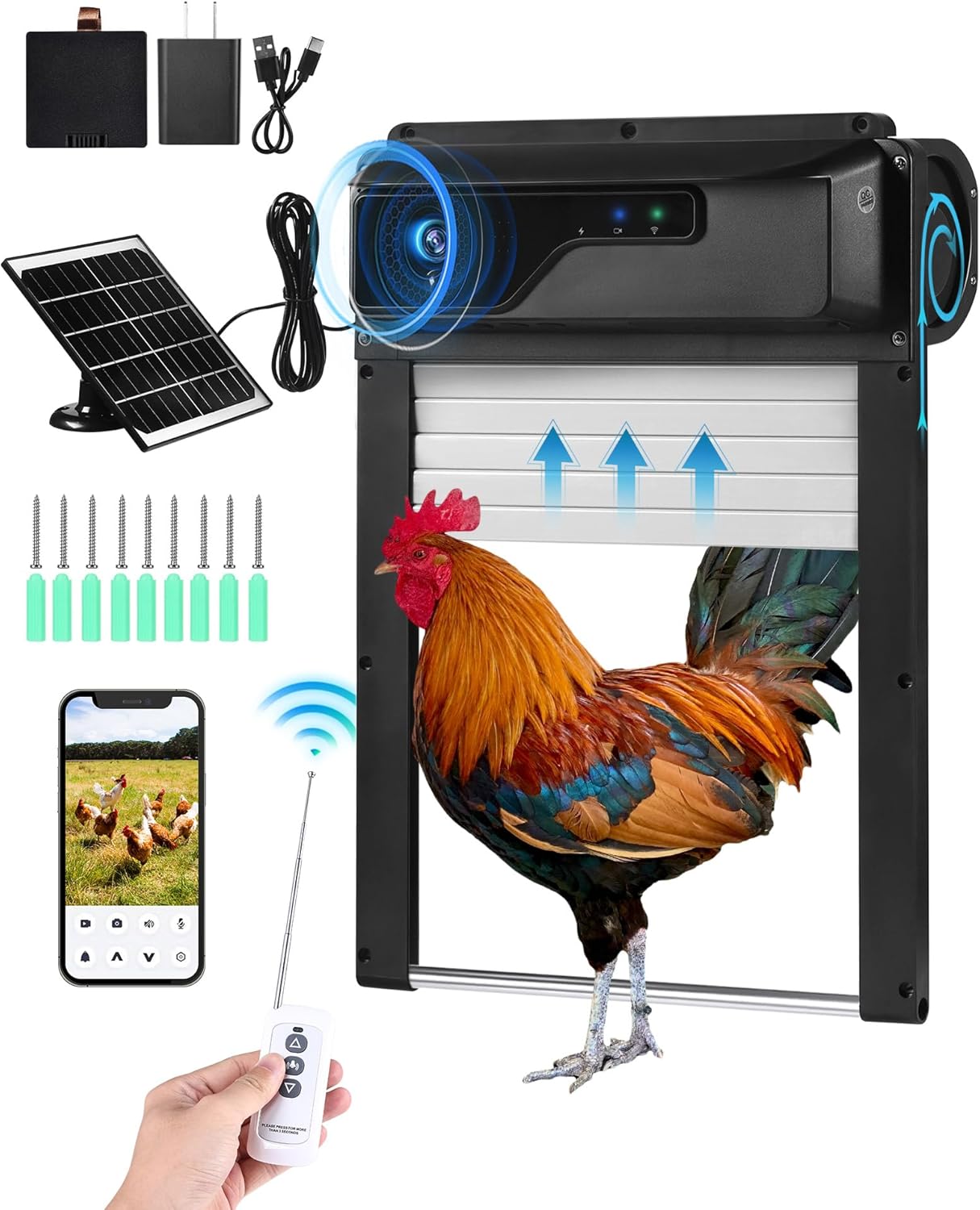 Automatic Chicken Coop Door with HD Camera, Solar Powered, 5000mAh Battery, WiFi Enabled, APP-Based Monitoring, Remote Control and Timer, with Anti-Trap Sensor and Alarm Drive(Black)