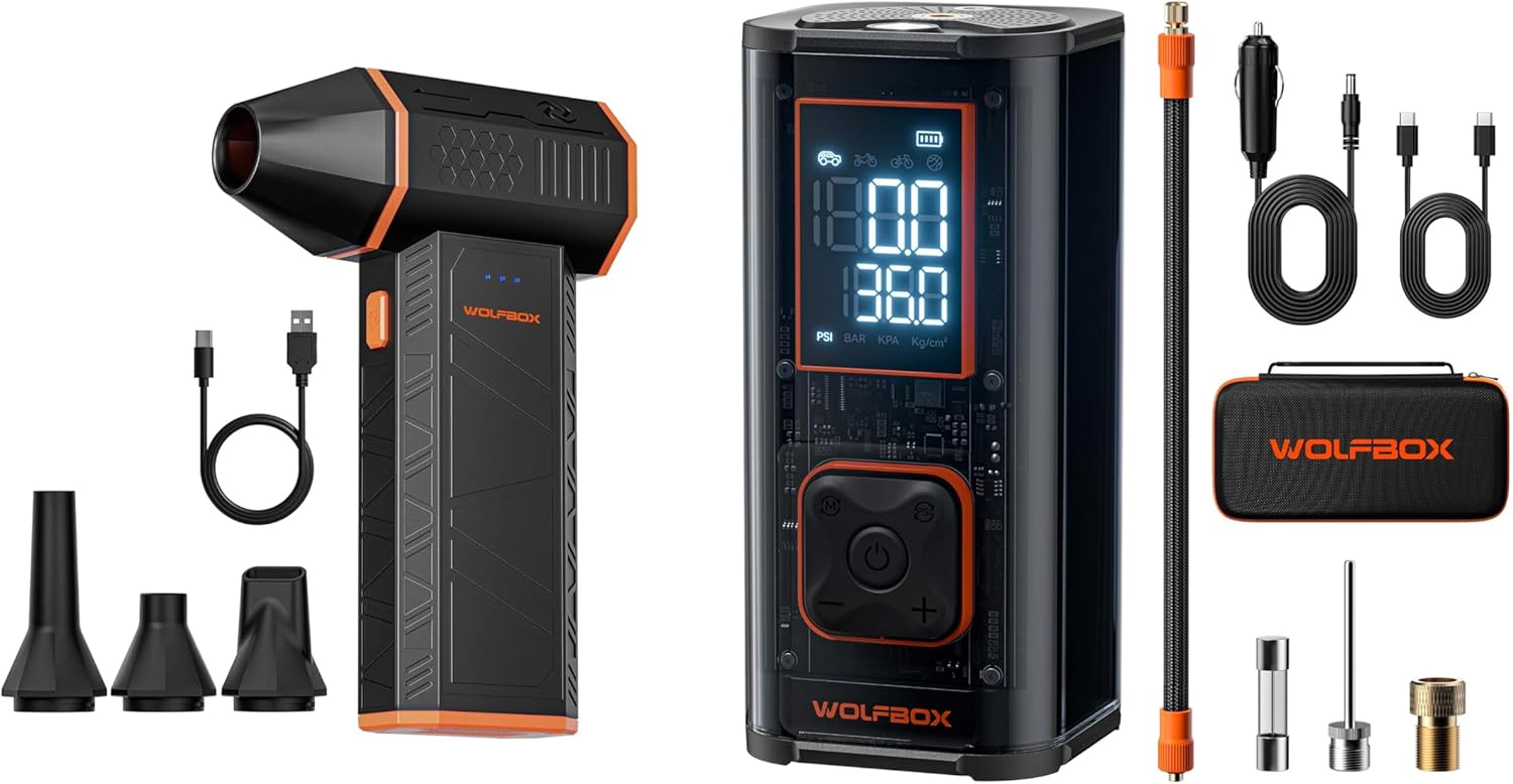 WOLFBOX MF50 Electric Air Duster and 12000mAh&150PSI Double- cylinder Tire Inflator Portable Air Compressor
