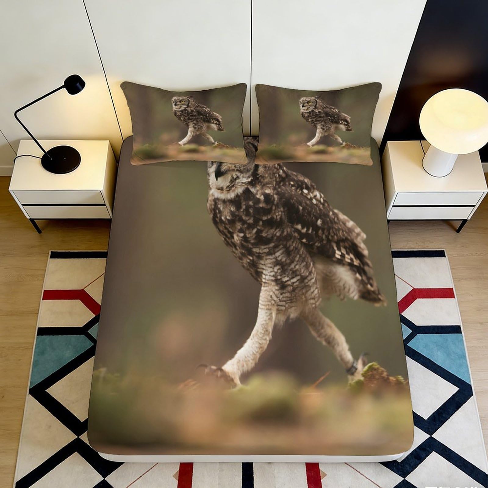 3D Printed Running Owl Fitted Sheet Microfiber Soft Anti-Slip Forest Bird Mattress Cover for Bedroom Guest Room Decor 90x200x25cm