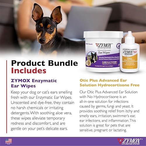 Miniatura 2 de Zymox Enzymatic - Toallitas para oídos y Otic Plus Advanced Hydrocortisona Free Ear Solution para perros y gatos  Paquete de producto  para orejas