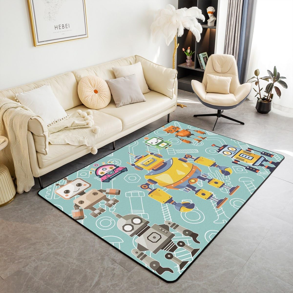 Cartoon Robot Indoor Floor Mat,Colorful Intelligent Machine Graffiti Decorative Carpet for Bedroom Bedside, Kids Boys Teal Playroom Rugs Home Decor 5x6'6'' Area Rug