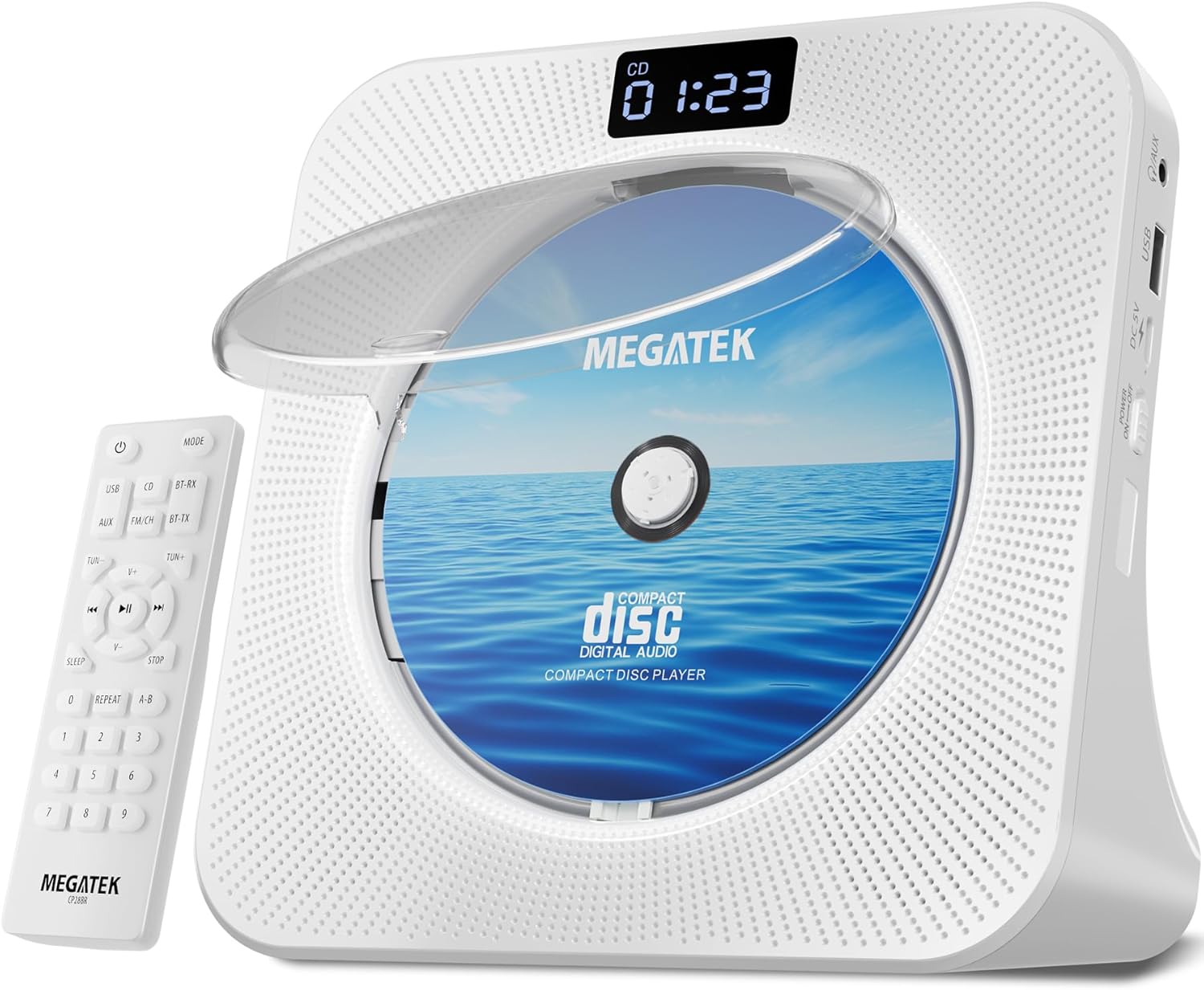 MEGATEK Portable CD Player Bluetooth for Home, Desktop CD Player with Stereo Speakers, FM Radio, USB, LED Display, AUX/Headphone Jack, Remote – White