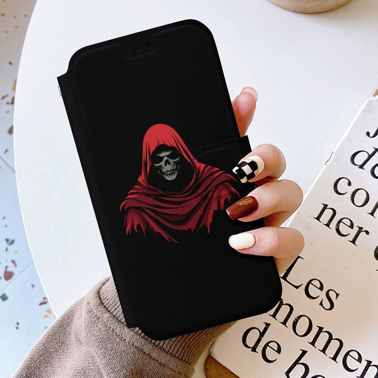 Grim Reaper Red Cloak Compatible with iPhone 16/16 Plus/16 Pro/16 Pro Max/16 E Case Phone Wallet Card Holder Flip Cover with Wrist Strap