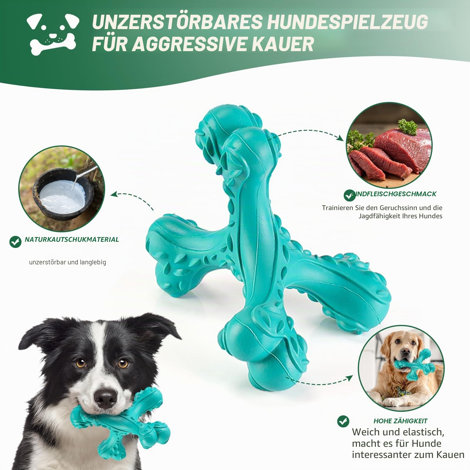 Kauspielzeug für Aggressive Kauer, große Rassen, unzerstörbares Knochenspielzeug, langlebige Reinigungszahnbürste, Naturkautschuk, Hundespielzeug