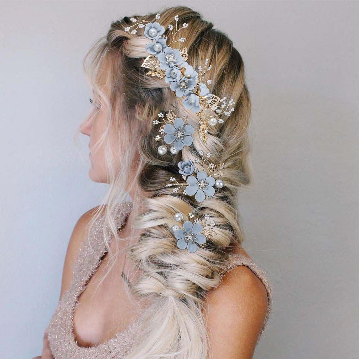 4 Pieces Bridal Flower Wedding Hair Comb Rhinestones Crystal Floral Hair Pins Hair Clips Wedding Hair Accessories Hair Jewelry for Brides Bridesmaids Women Girls(Blue) - Image 5