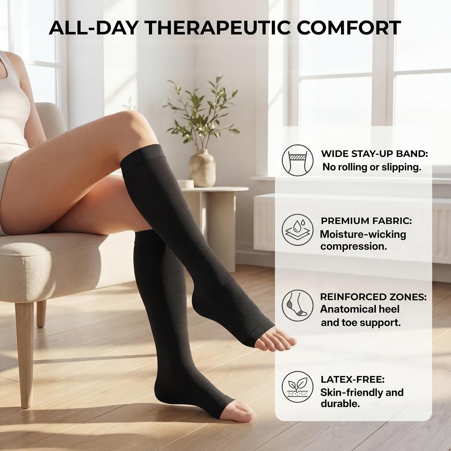 MGANG® 20-30 mmHg Compression Stockings for Men and Women, 2 Pairs Medical Compression Socks, Knee High Length, Open Toe, Opaque, Support Hose for Varicose Veins, Oedema, Swelling, Black Medium
