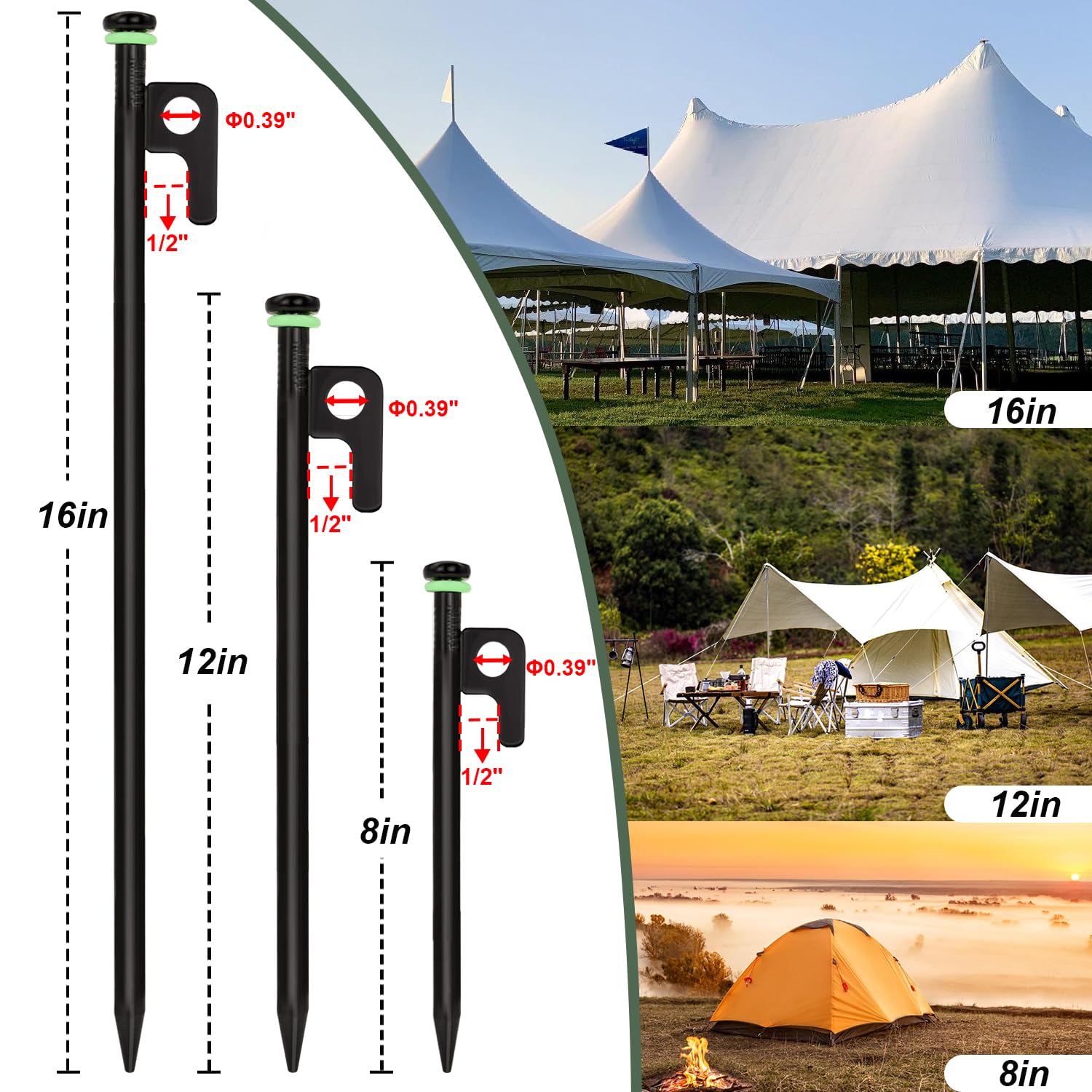 20 picchetti per tenda, 20,3 cm, resistenti, con custodia, diametro 0,9 cm, pali in acciaio forgiato per tende utilizzate su rocce, campi di neve (20 pali da 20,3 cm)