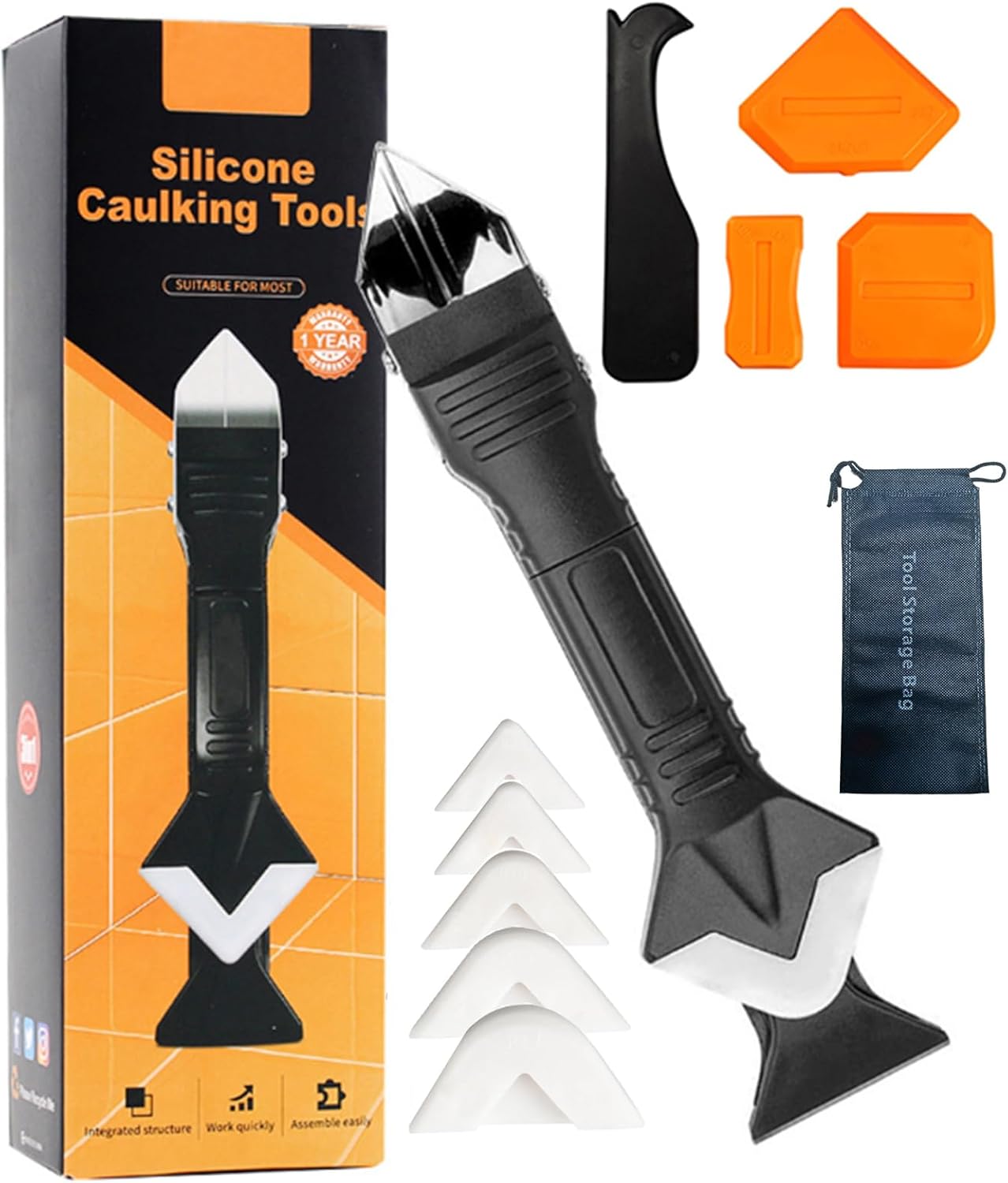 Multifunctional 3-in-1 Silicone Caulking Tool kit – The Ultimate Tile Joint Treatment Tool for Cleaning, Leveling, Seam Pressing, Shaping and Edge Finishing (Plastic Scouring Blade)
