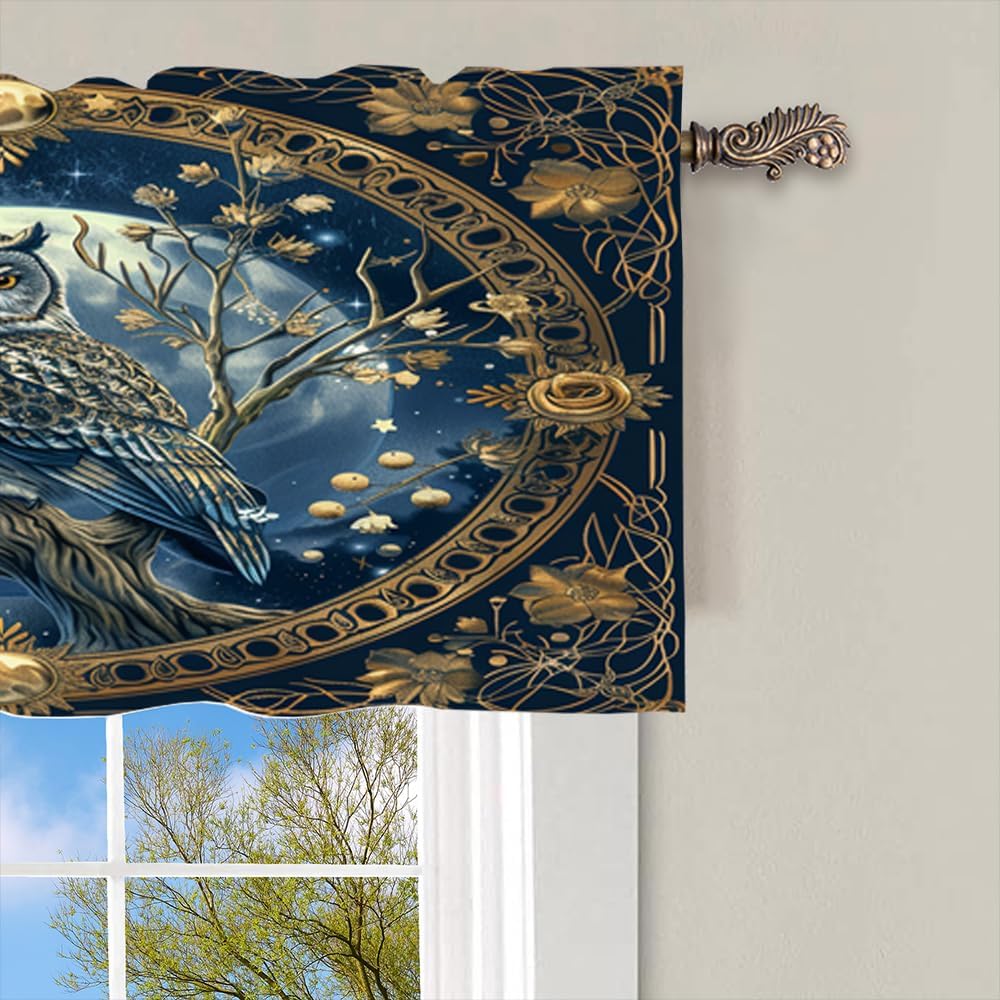 1 Panel Vintage Bird Owl Valances for Windows, Rod Pocket Galaxy Starry Sky Moon Valance Curtains Home Decor Window Treatment for Kitchen, Bathroom, 54" W X 18" L