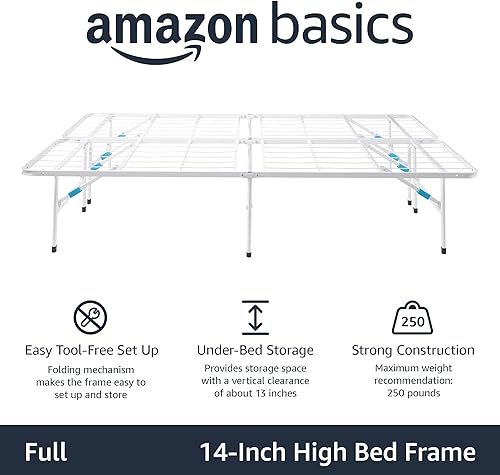 Miniatura 4 de Amazon Basics Base de cama de plataforma matrimonial, metal plegable, instalación sin herramientas, 14 pulgadas de alto, color blanco