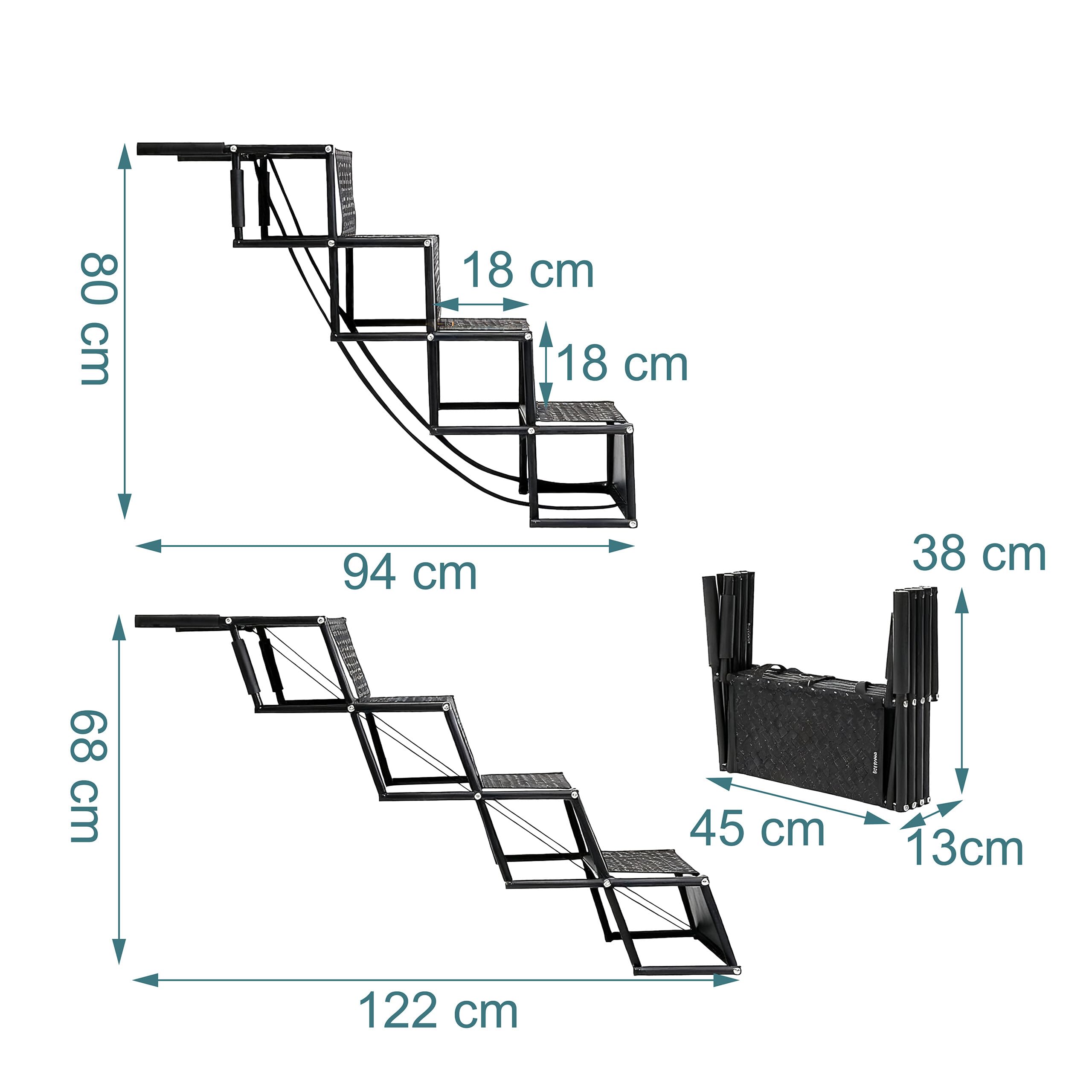 Rampa Plegable Relaxdays para Coche y Perros, 4 peldaños, Antideslizante, 76x101x45 cm, Acero y Tejido Oxford, Negro