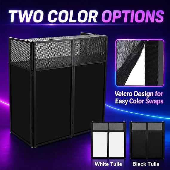 Portable DJ Facade Booth 40x20 Foldable Metal Frame, Black & White Lighting Scrims, Adjustable Feet, DJ Controller Stand & Table Station with Carry Case
