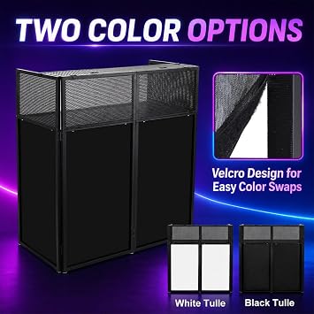 Portable DJ Facade Booth 40x20 Foldable Metal Frame, Black & White Lighting Scrims, Adjustable Feet, DJ Controller Stand & Table Station with Carry Case