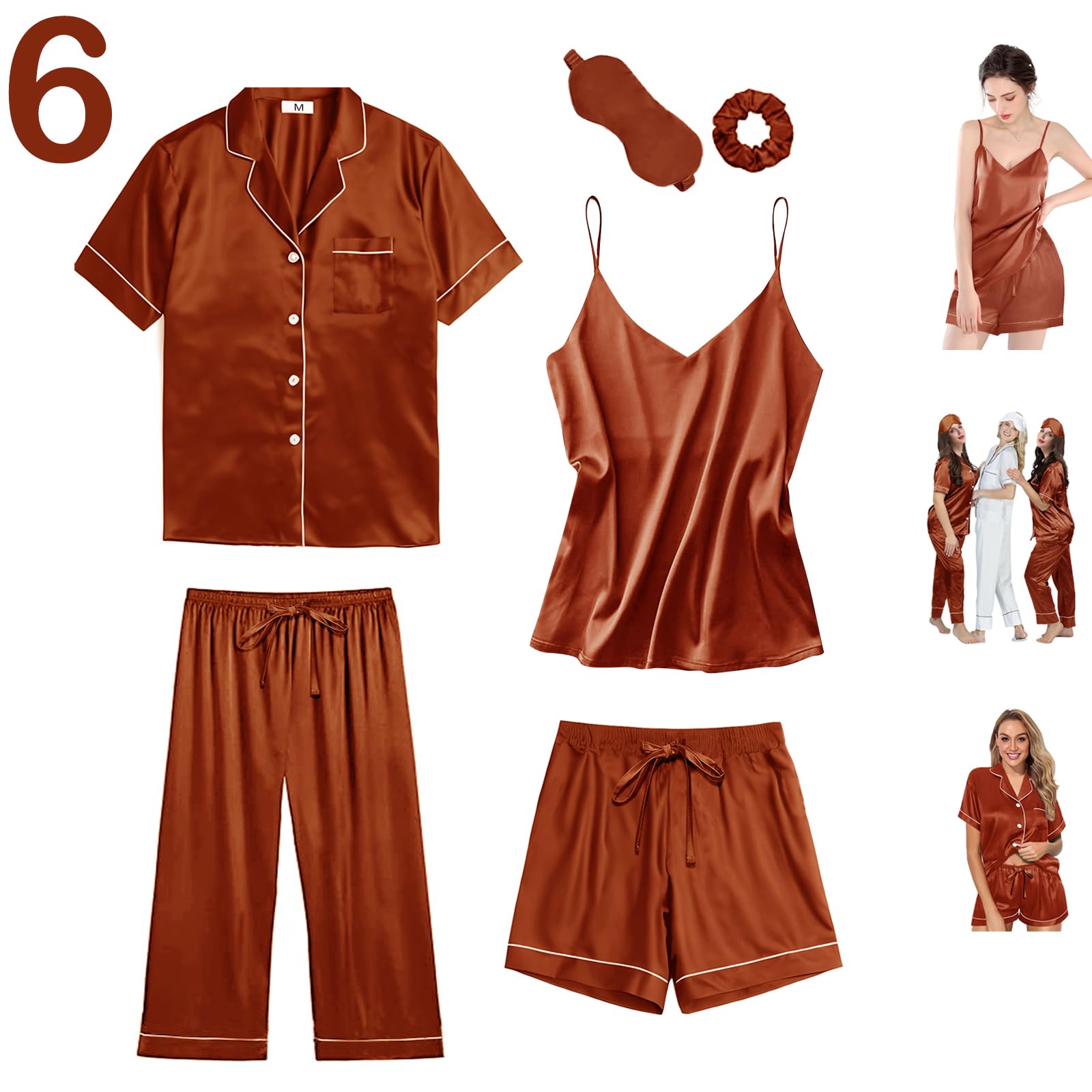 Y WJing Yi Jia 6Pcs Womens Silk Satin Pyjama Sets Pj Sets Short Pjs Set Pyjamas Sleepwear Camisole Sexy Cami