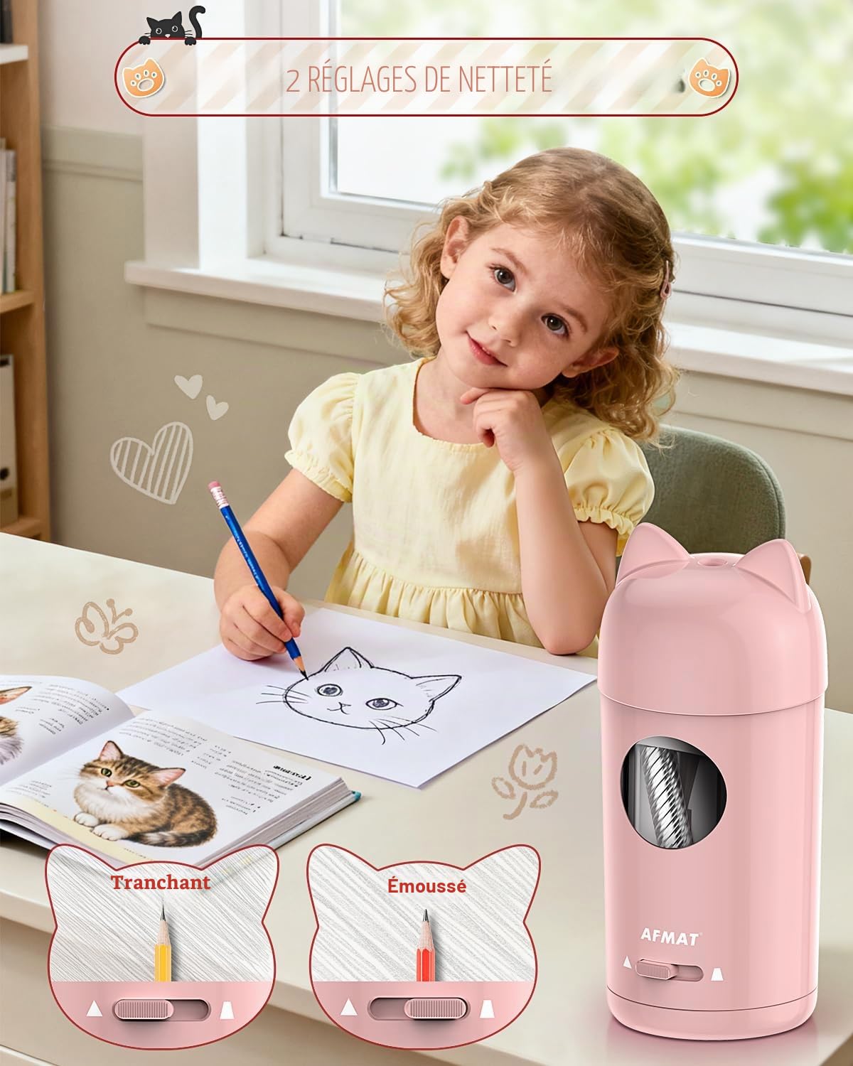 AFMAT Taille-crayon électrique entièrement automatique avec oreilles de chat, entrée et sortie automatique, rechargeable, avec récipient pour crayons de 7 à 8 mm, arrêt automatique pour la maison, le