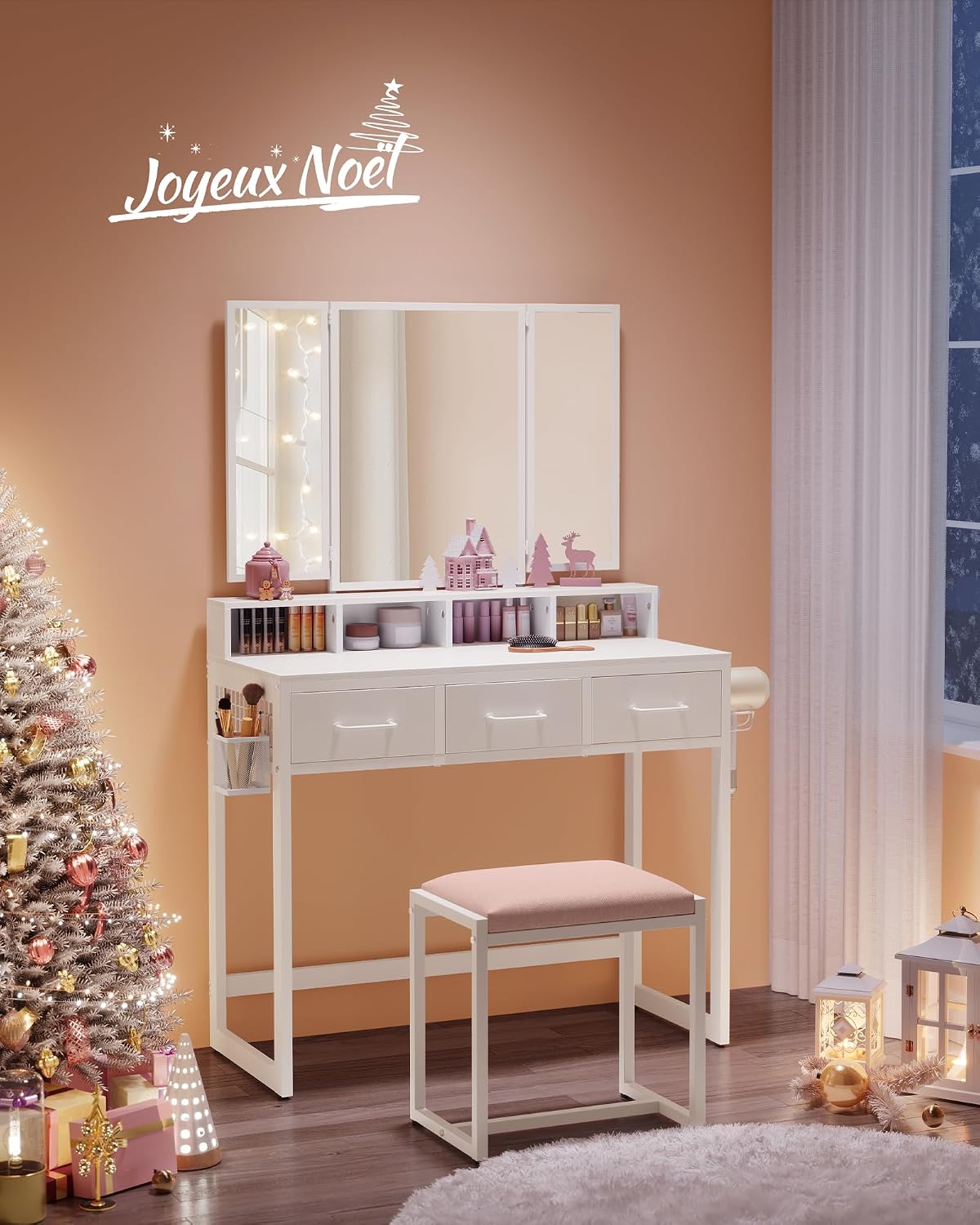 Woman using the triple folding mirror of the dressing table to apply makeup.