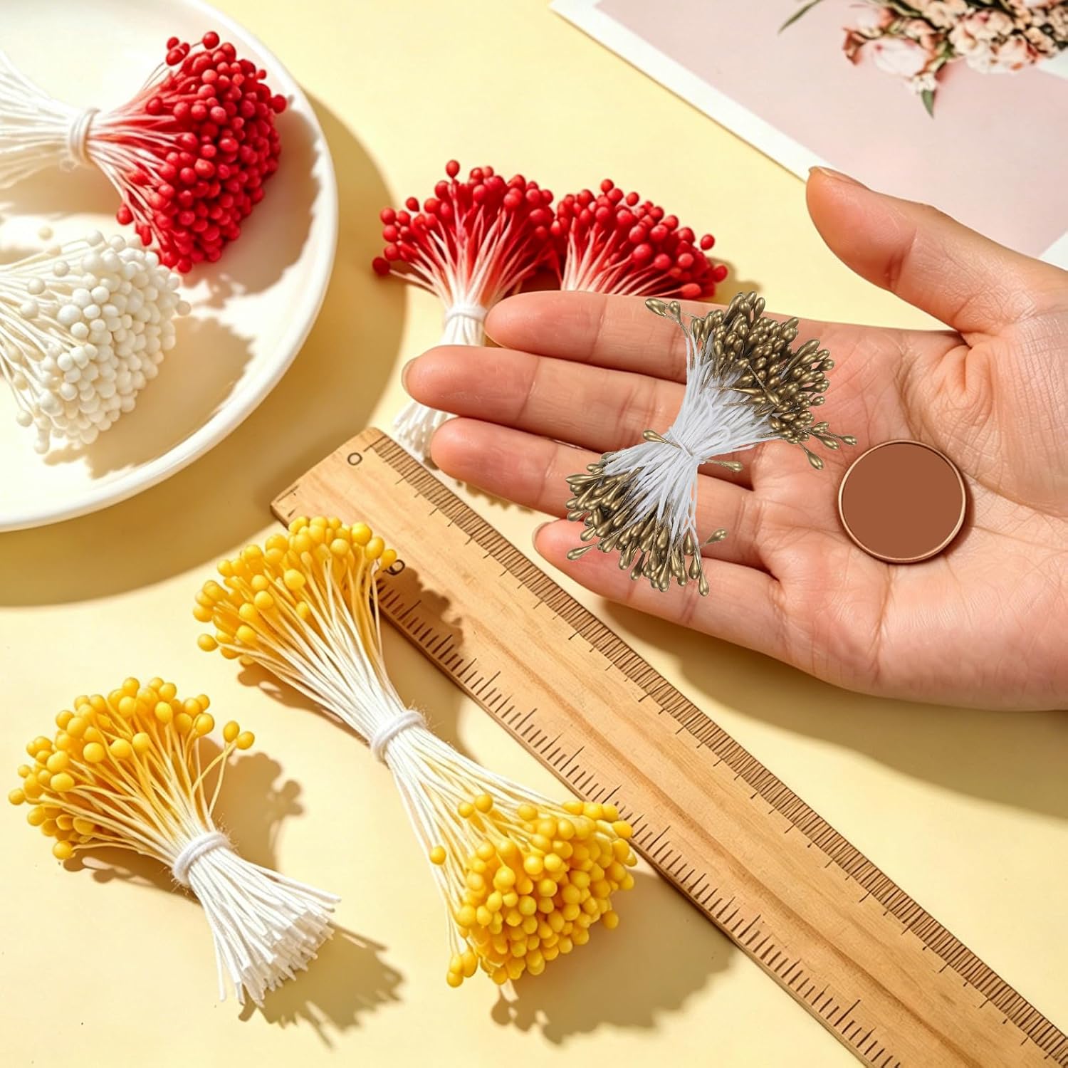 PATIKIL 3mm Double Heads Flower Stamen, 150 Pcs Artificial Flower Stamen Pistil Matt Pearl Floral Stamen for DIY Christmas Card Wedding Decoration, Gold Brown