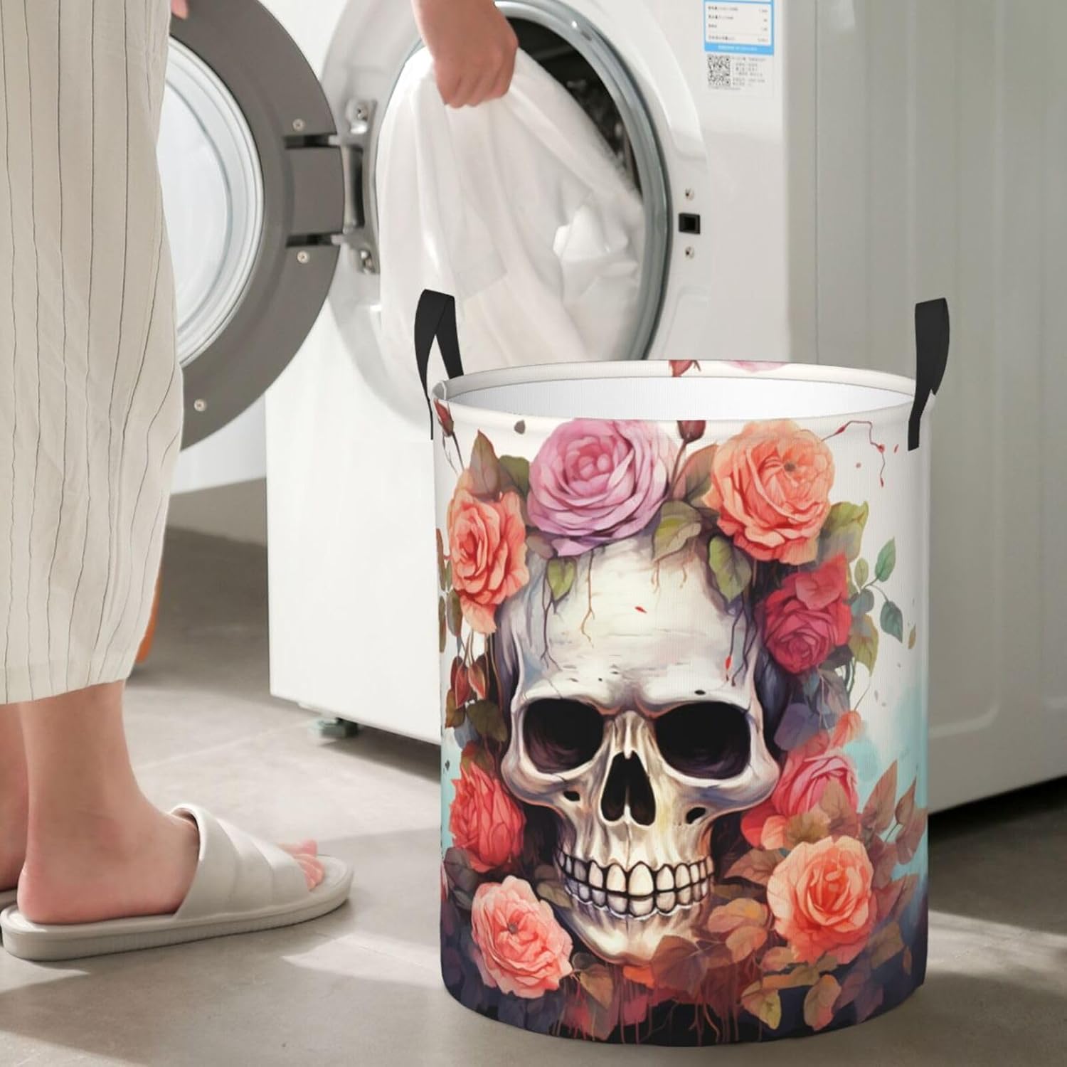 Cute Skeleton with Flowers Laundry Basket With Handles, Foldable Laundry Hamper Oxford Cloth Dirty Clothes Basket Waterproof Clothes Toys Storage Bin Organizer for Bedroom Bathroom Dorm