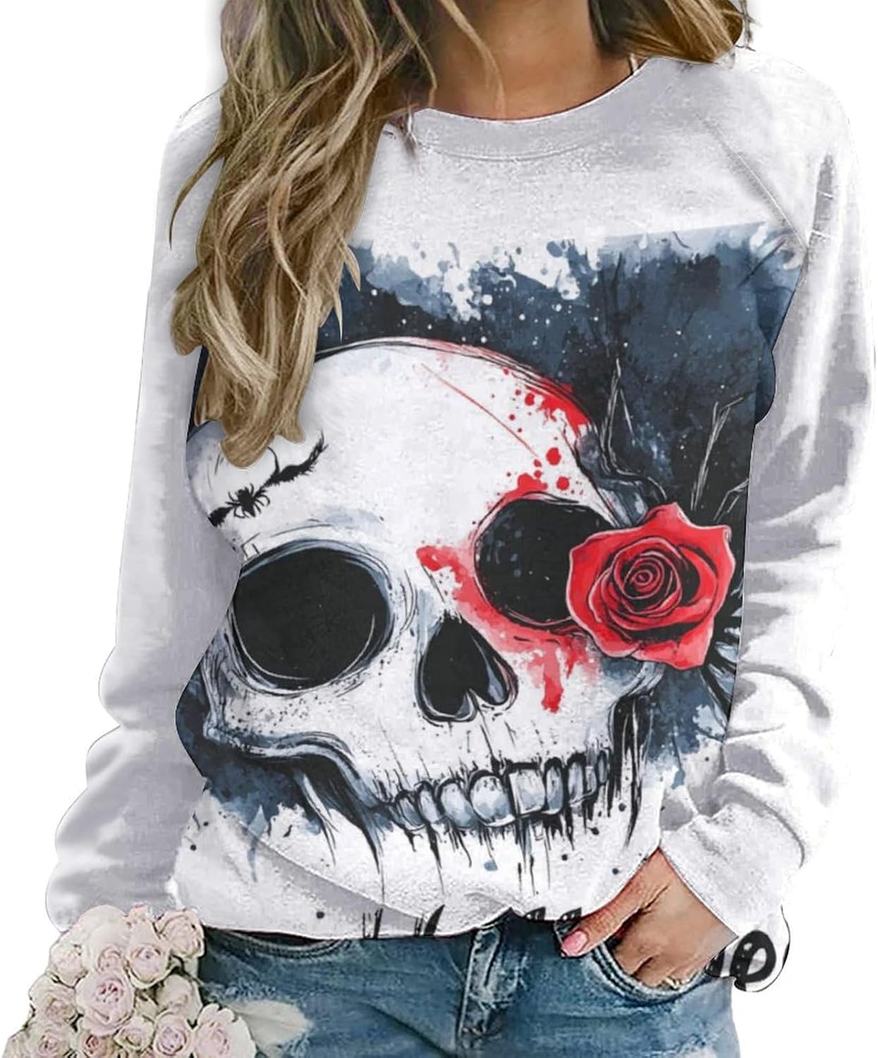 Halloween Sweatshirts for Women Funny and Spooky Print Crewneck Oversized Pullover ...