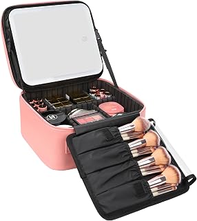 Relavel Pink Travel Makeup Bag with LED Mirror - Waterproof Cosmetic Train Case, 3-Color Adjustable Light, Removable Dividers