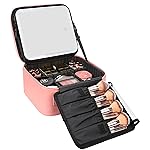 Relavel Travel Makeup Bag With LED Mirror Portable Travel Makeup Organizer 3 Color Adjustable Brightness Waterproof Cosmetic Train Case with Removable Dividers Makeup Storage for Women, Pink