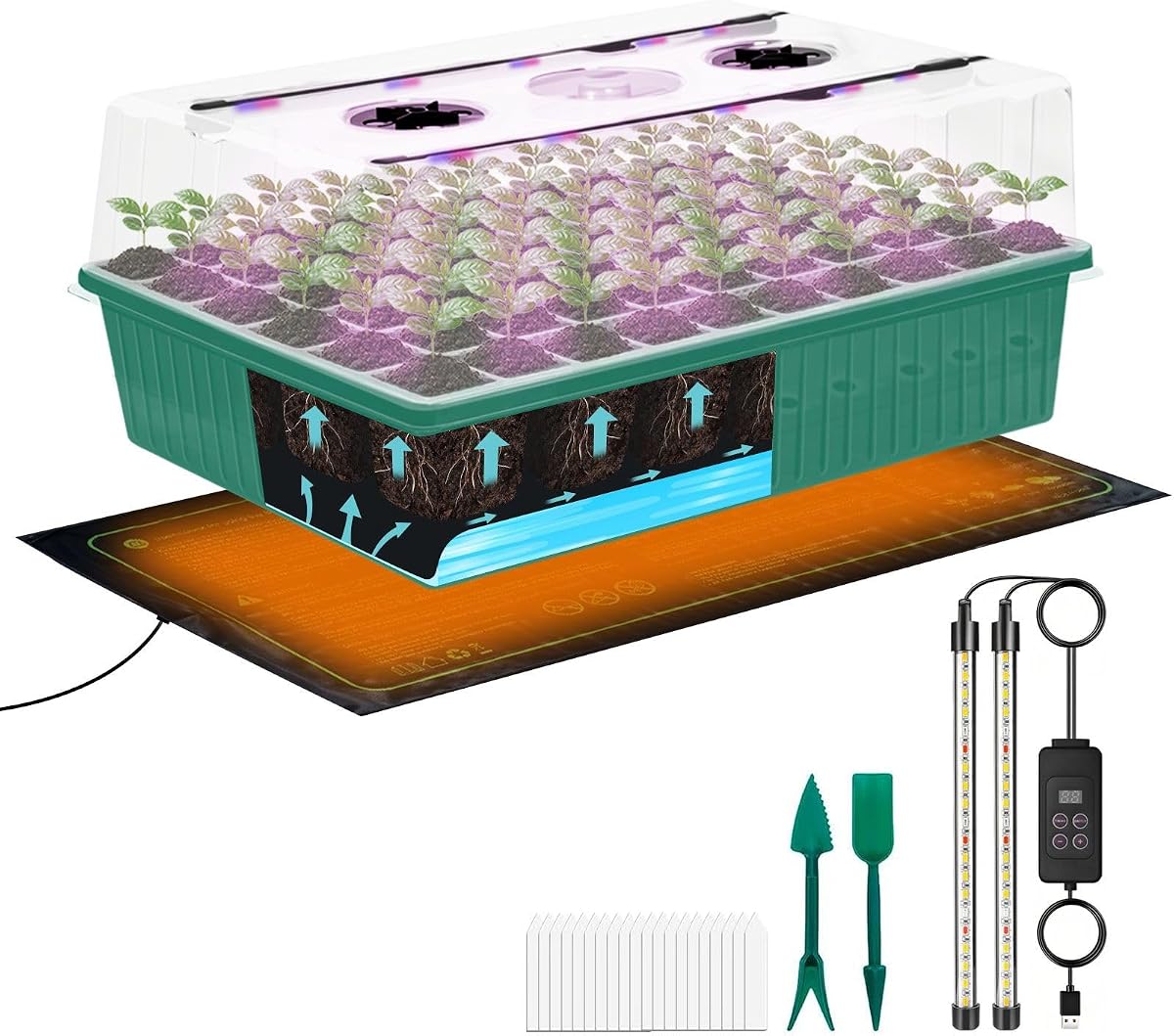 60-Cell Self-Watering Seed Starter Tray with Grow Light, Indoor Seed Starting Kit Trays with Heat Mat, Adjustable Brightness Plant Germination Trays Growing Kit with 4.13" Humidity Dome for Seed Grow