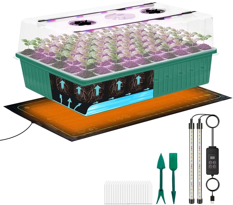 60-Cell Self-Watering Seed Starter Tray with Grow Light, Indoor Seed Starting Kit Trays with Heat Mat, Adjustable Brightness Plant Germination Trays Growing Kit with 4.13" Humidity Dome for Seed Grow